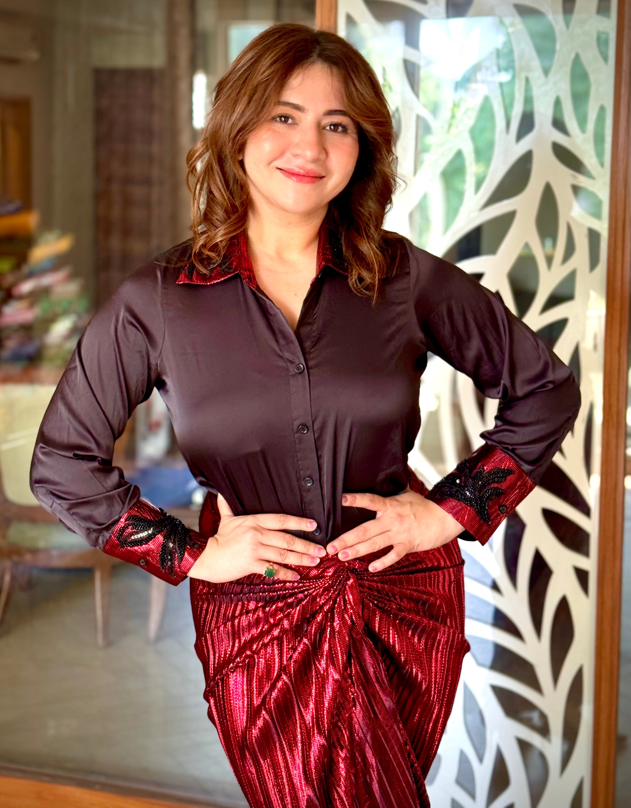 Black satin shirt with red embroidery