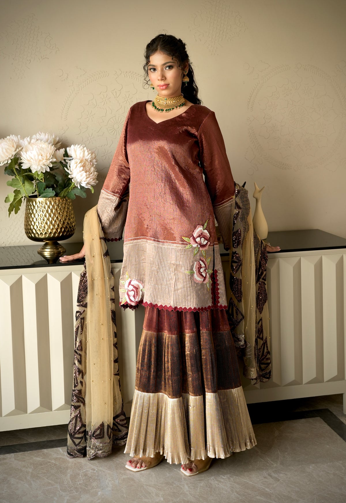 Cinnamon Rust Embroidered Kurta with Garara and Dupatta