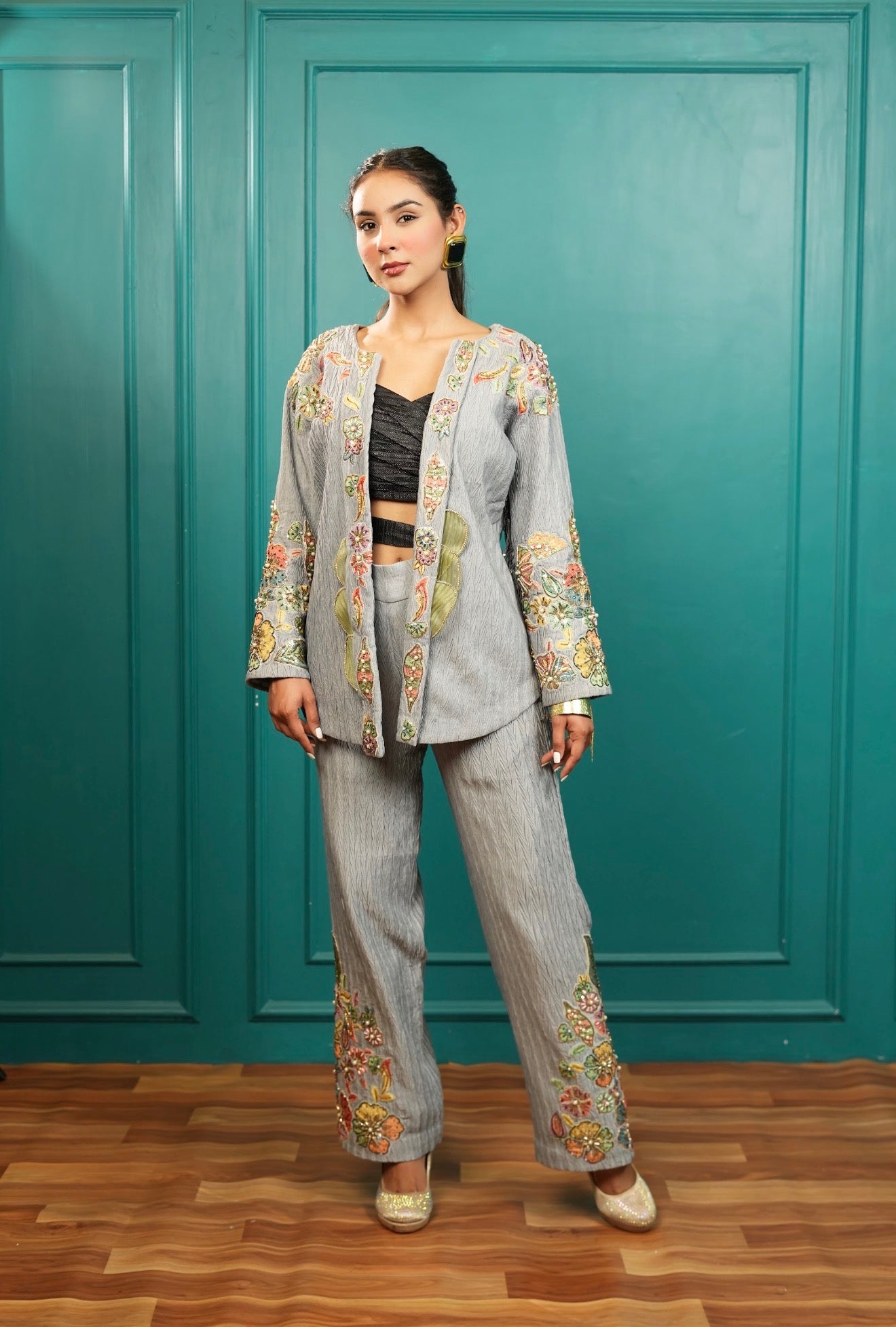 Dove grey denim embellished co ord set