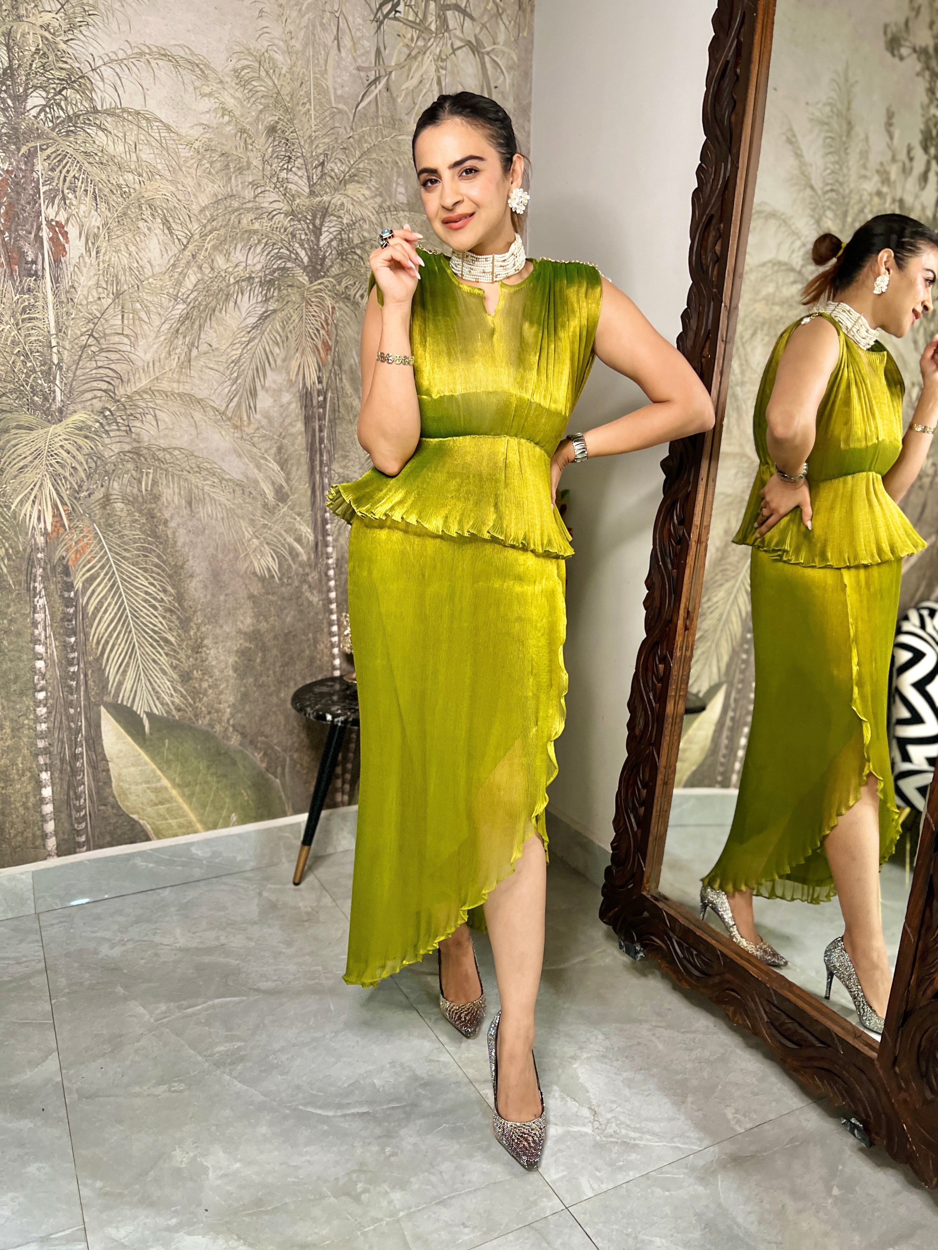 Green ruched moonlift dhoti skirt set