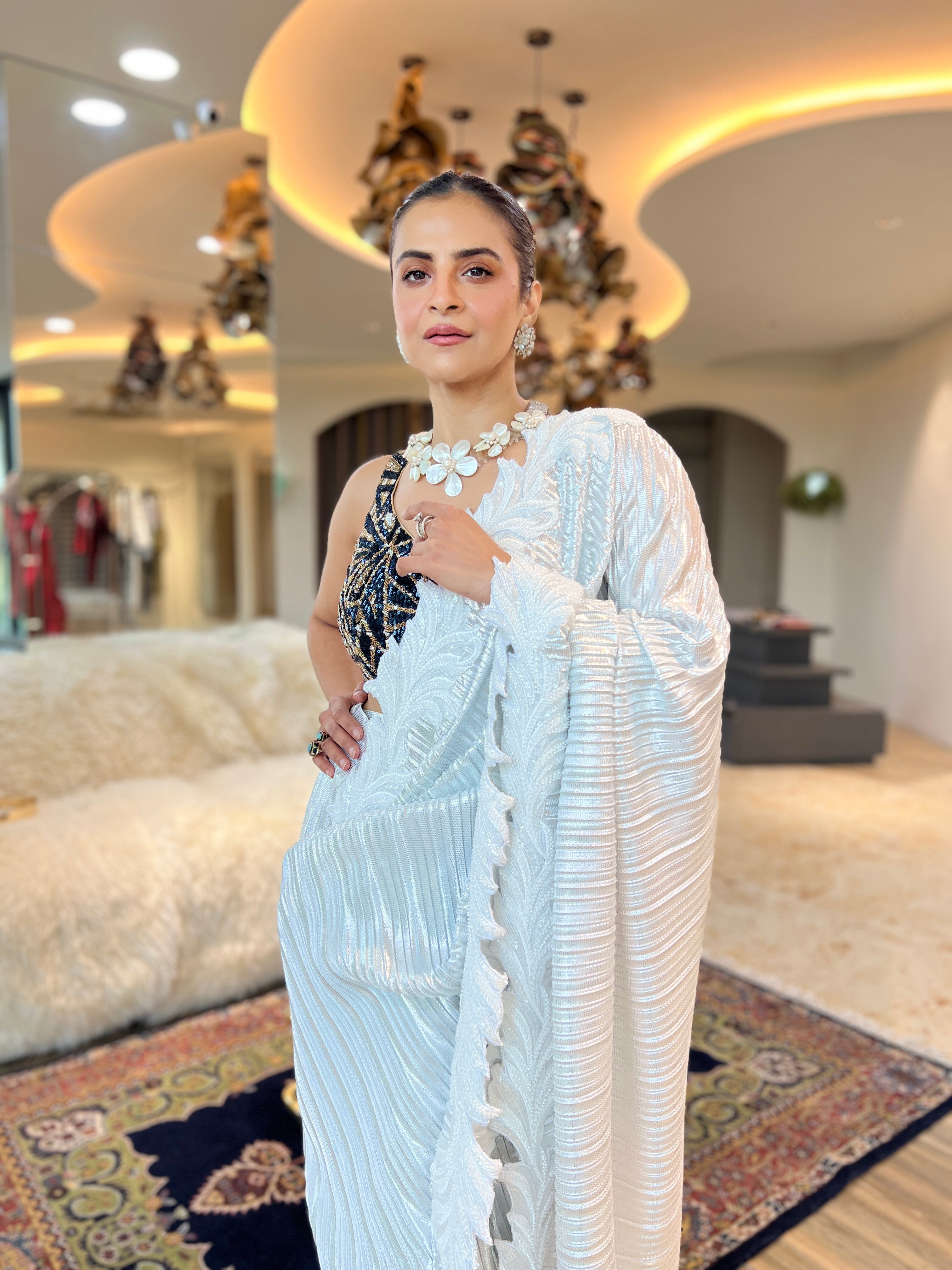 Zardosi Blouse with pre-draped Saree Set in Pearl White