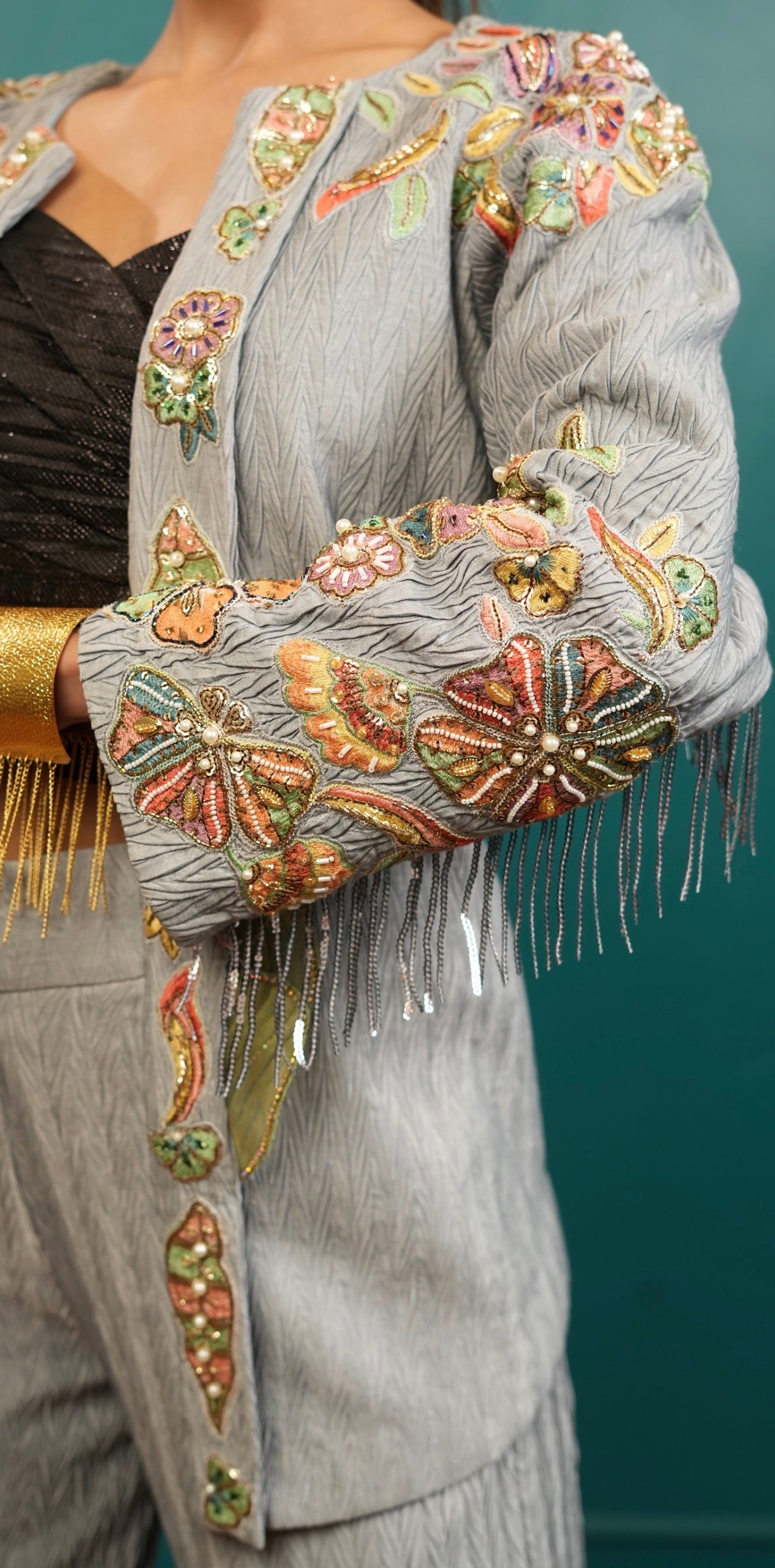 Dove grey denim embellished co ord set