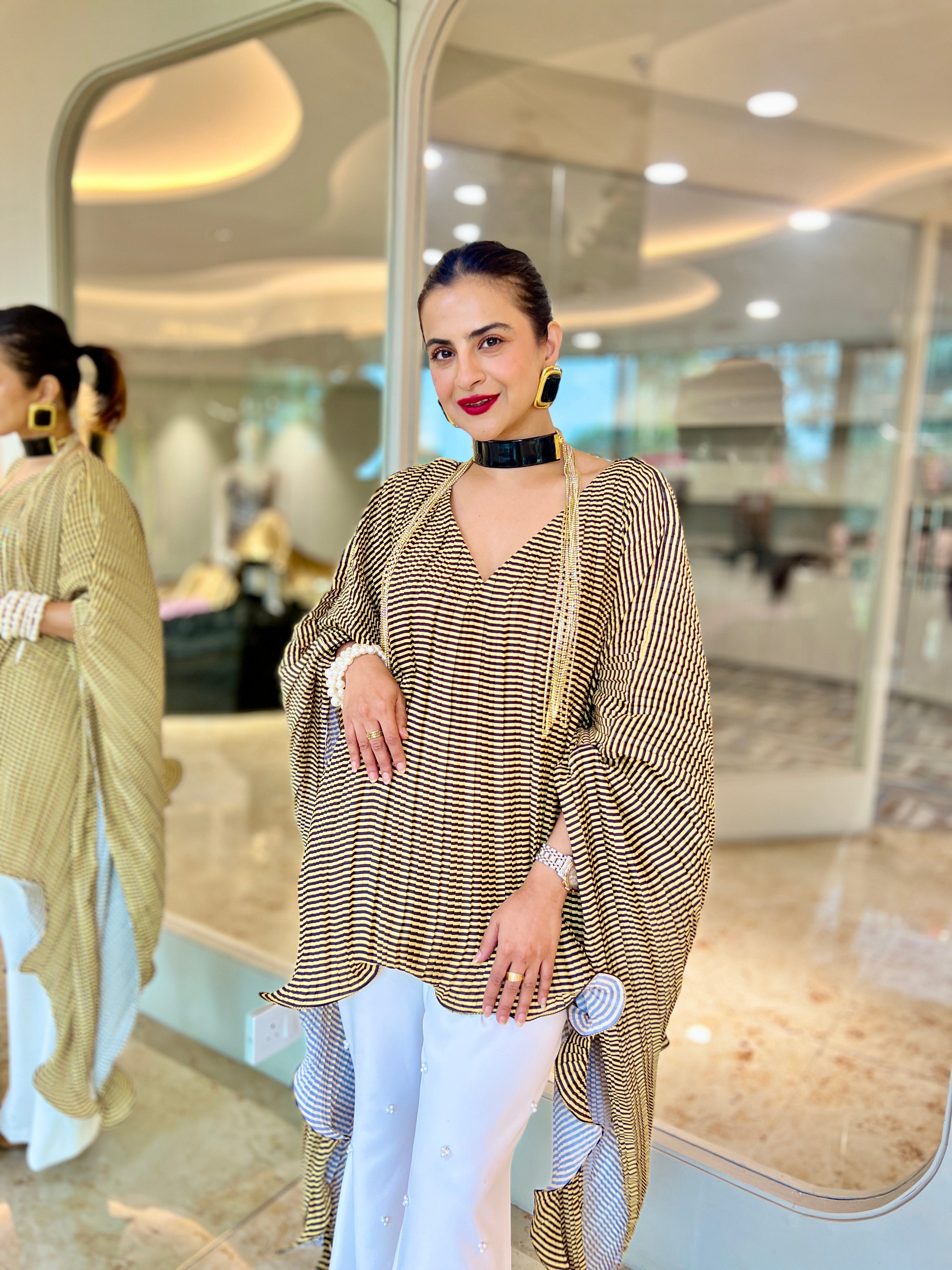 Yellow stripe v neck kaftan moon top