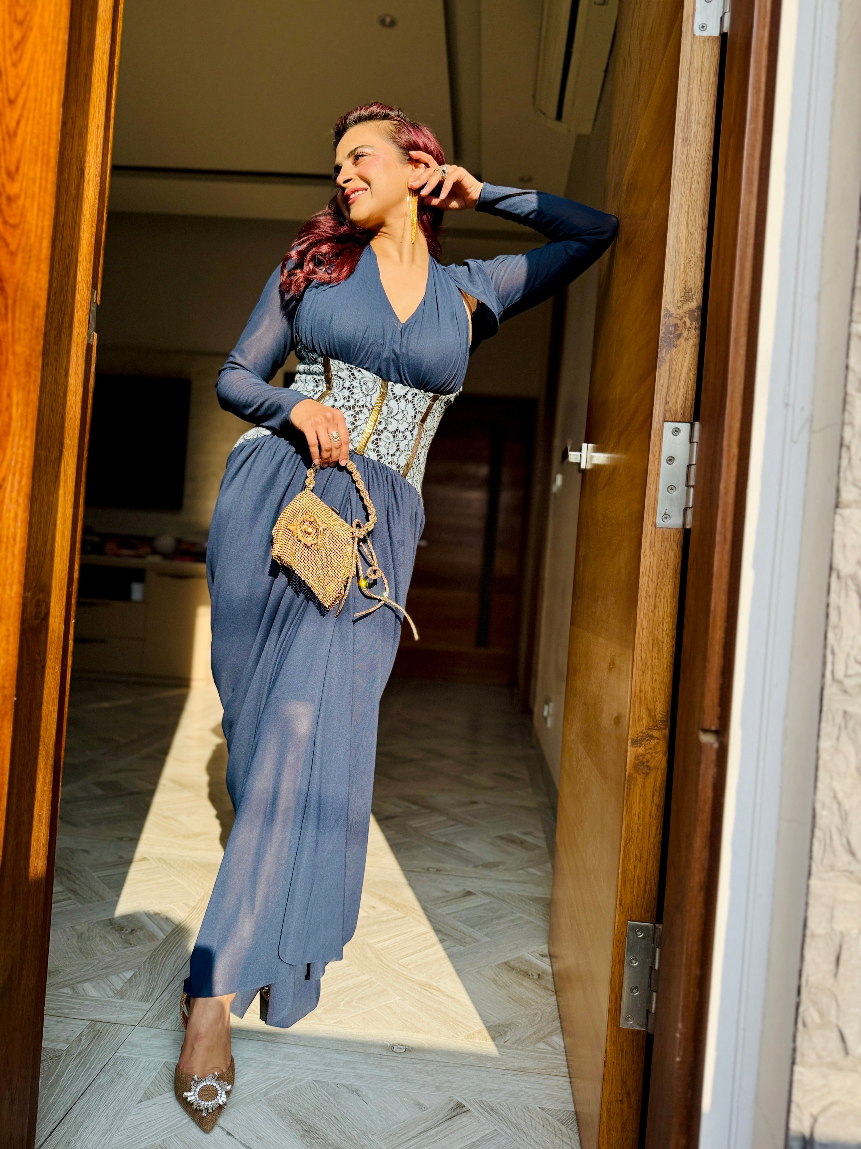 blue  v neck corset Lycra gown with shrug