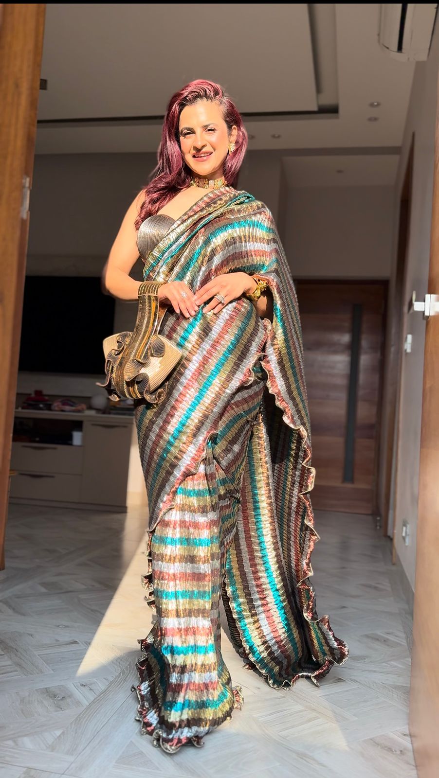 Multi Color Striped Saree with Strappy Blouse