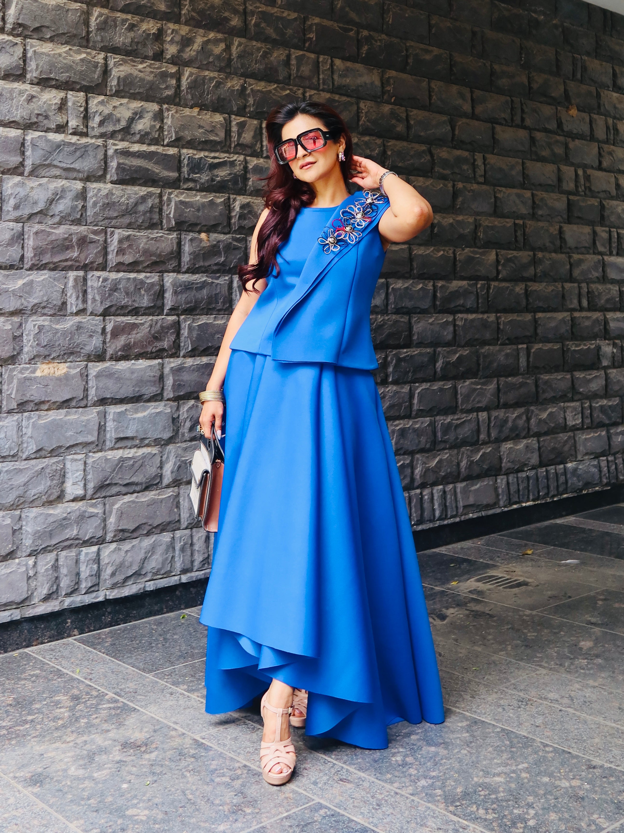 Embroidered Overlay Hi-Low Skrit set in Royal Blue