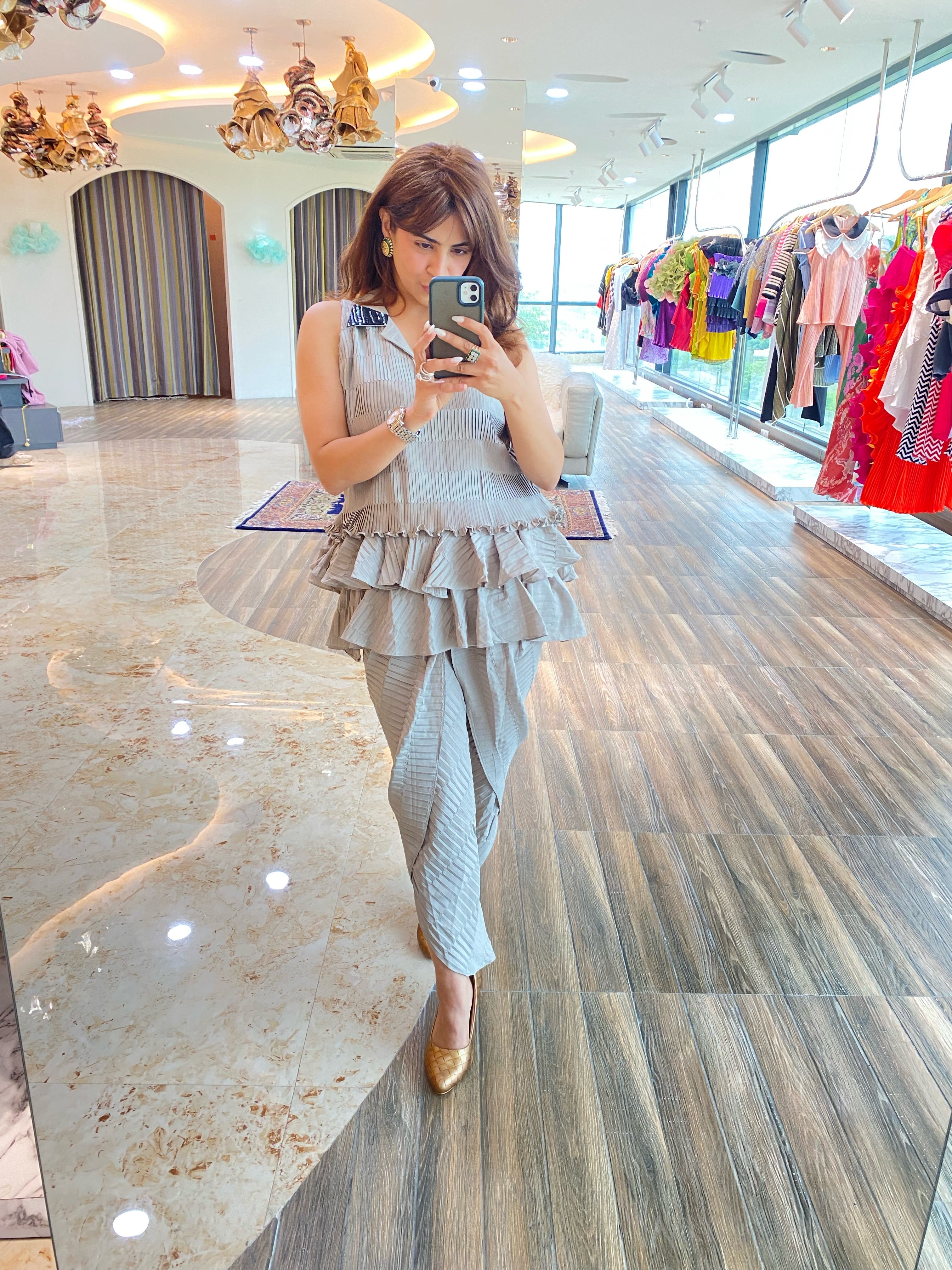 Grey peplum tulip pants set