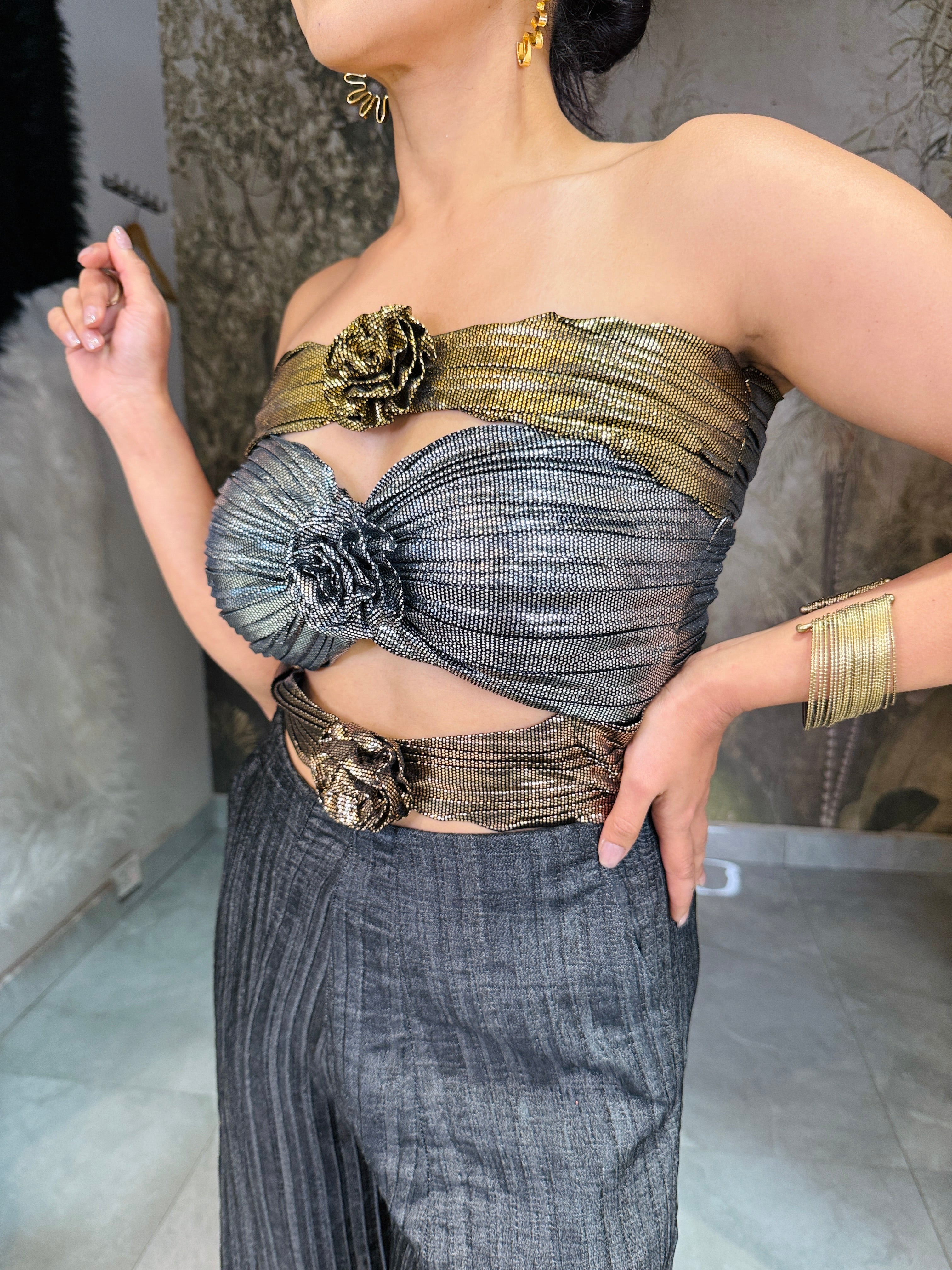 Foil jumpsuit with denim