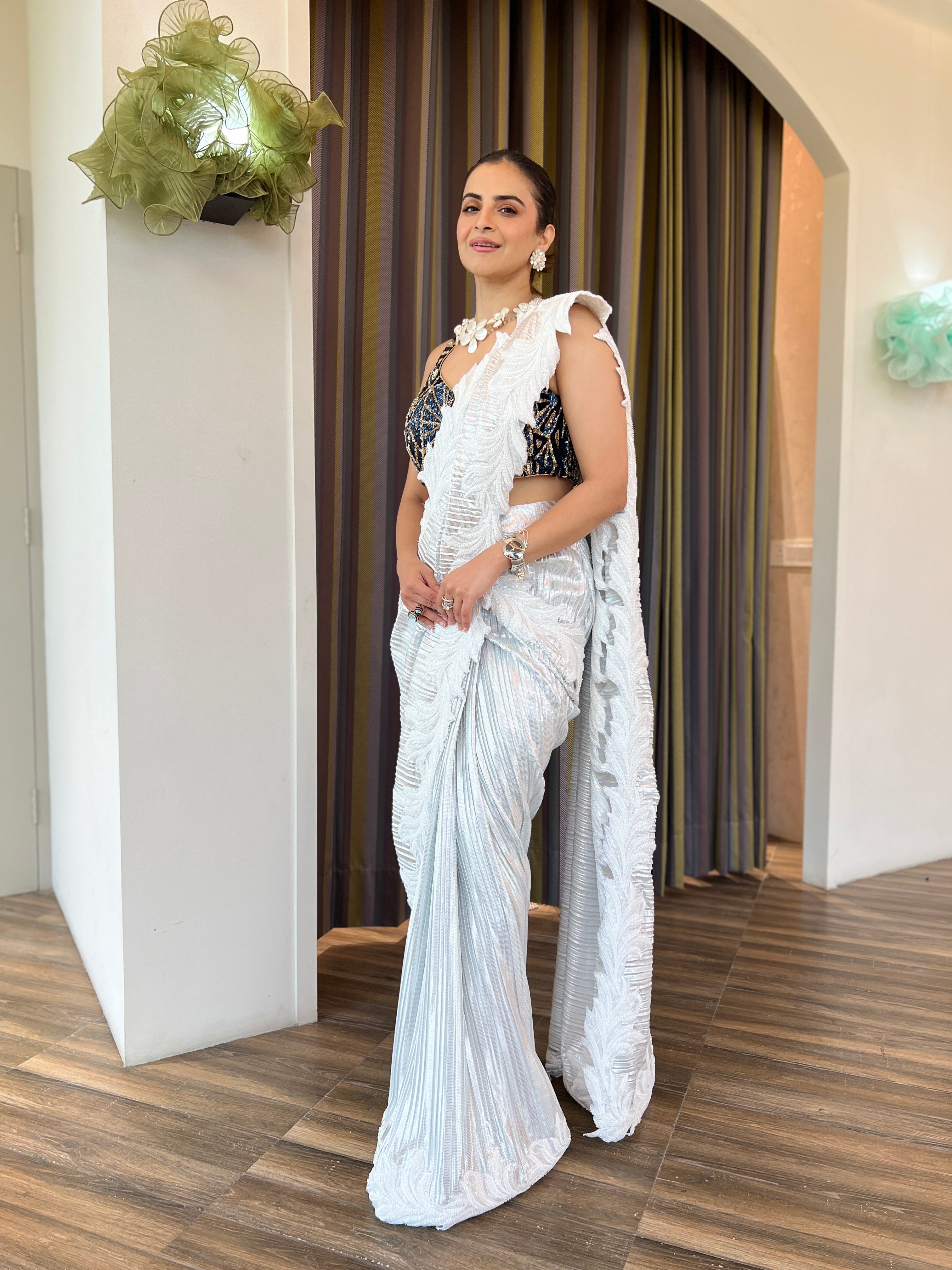 Zardosi Blouse with pre-draped Saree Set in Pearl White