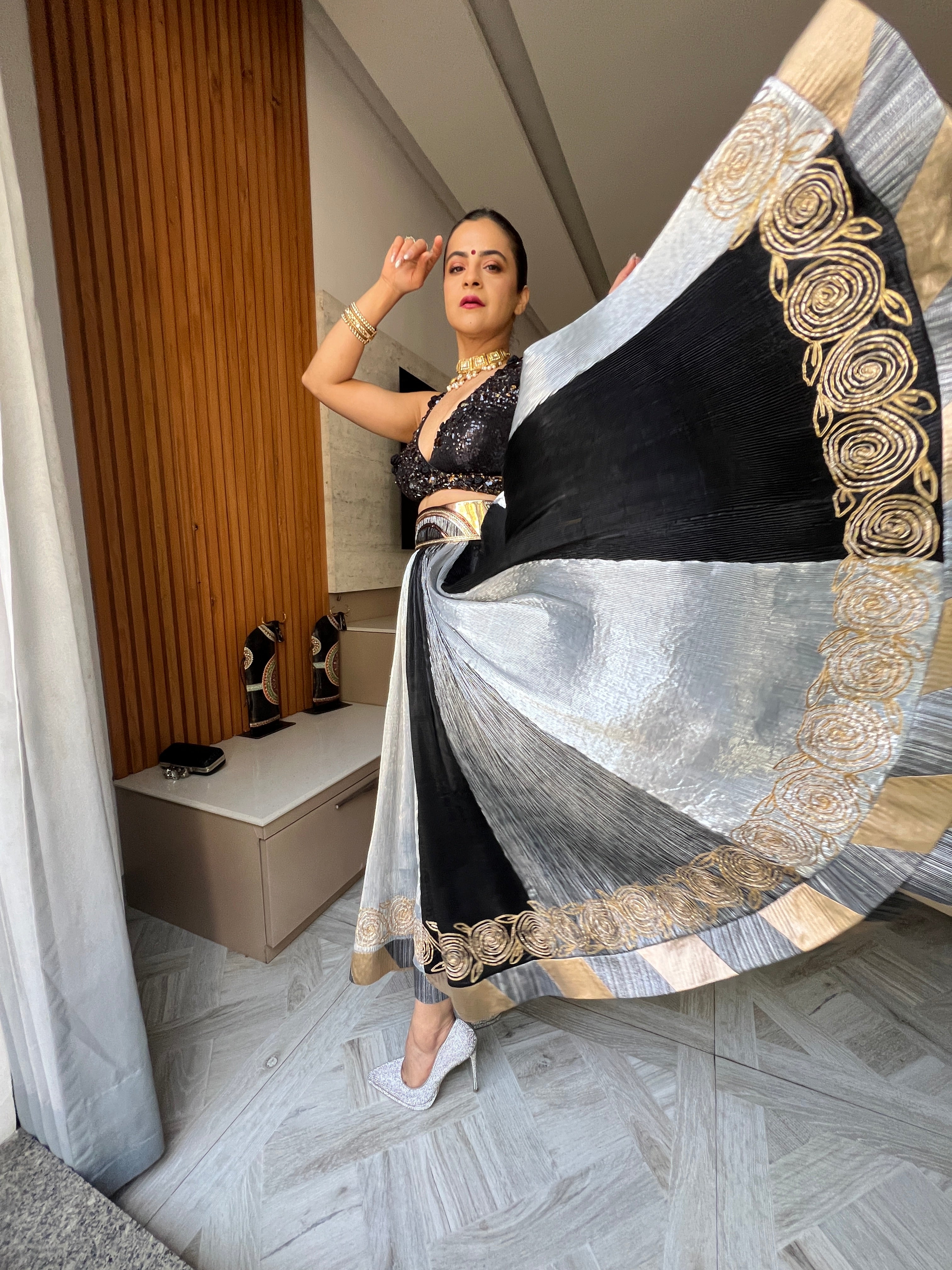 Zuri short lehenga with embroidery blouse in Black and silver