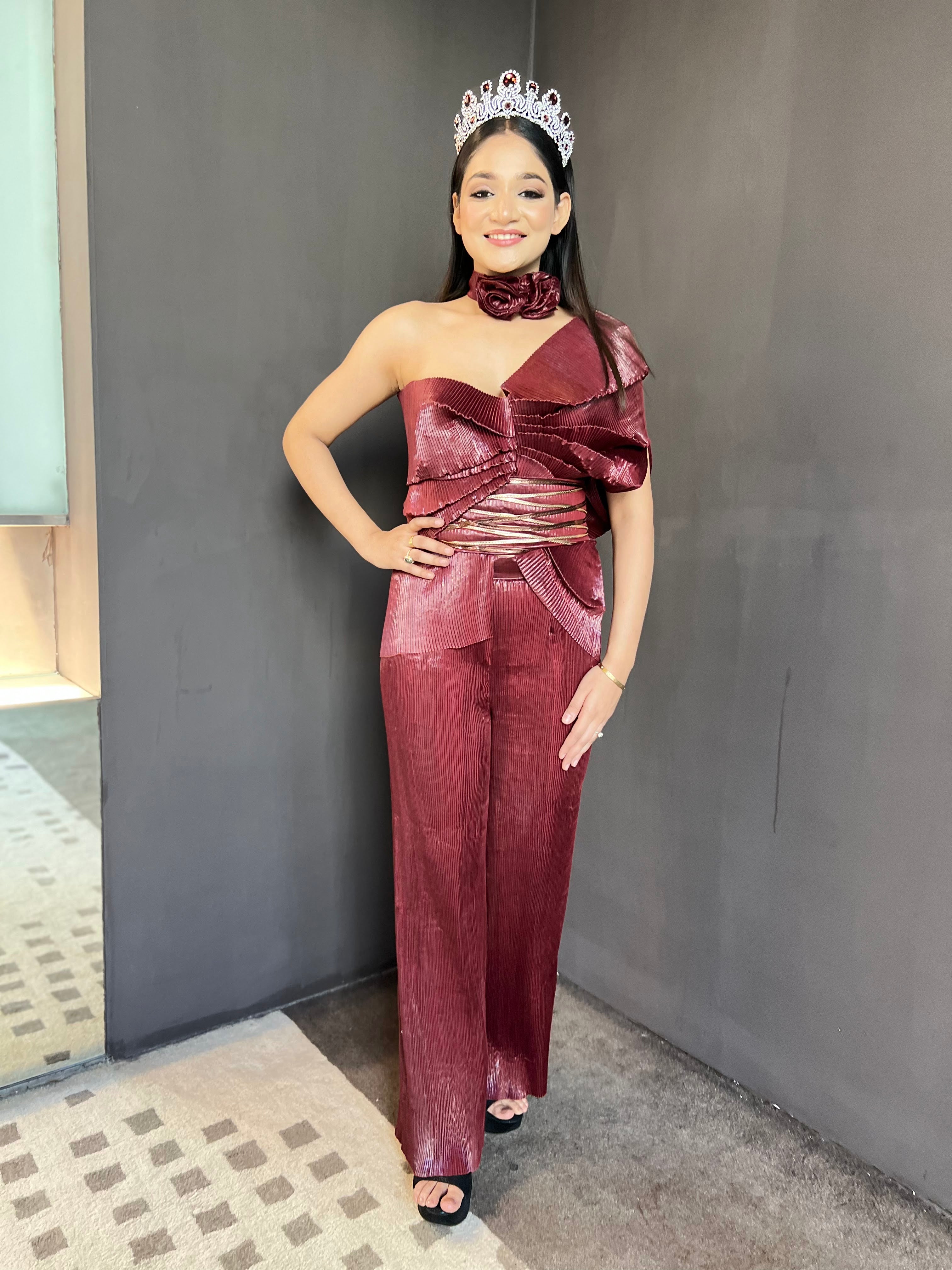 maroon shimmer multidrape pants set