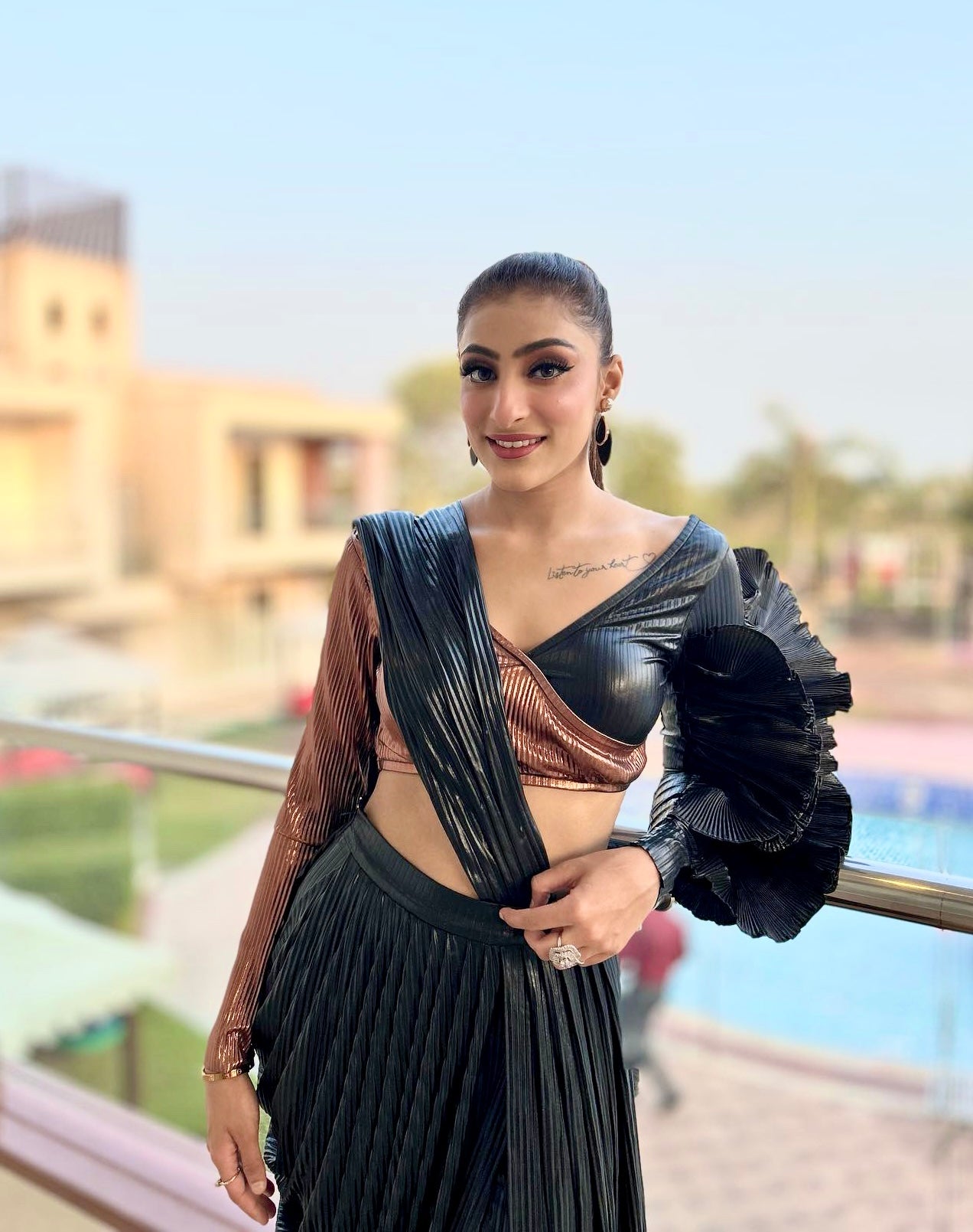 Black & Copper Faux Leather Drape saree with Ruffle Blouse