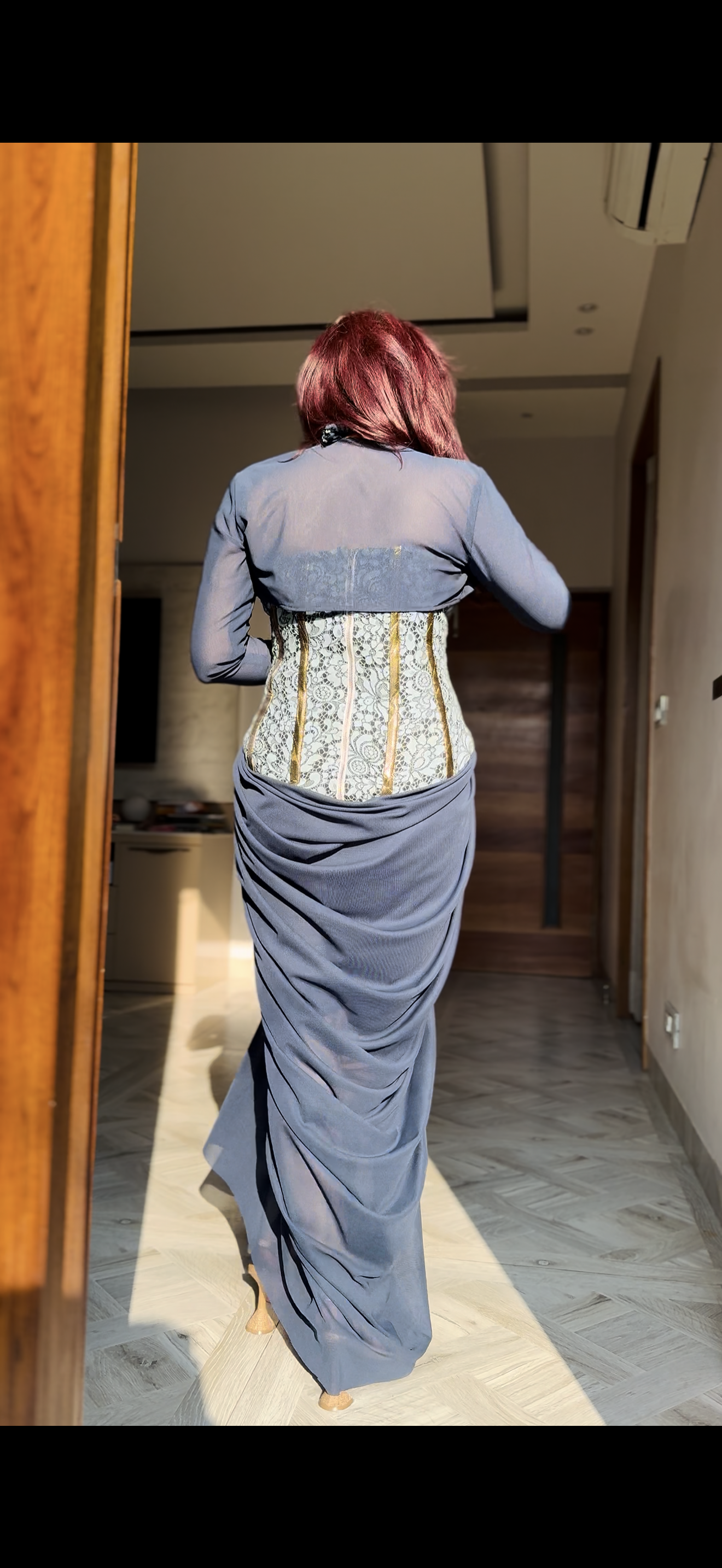 blue  v neck corset Lycra gown with shrug