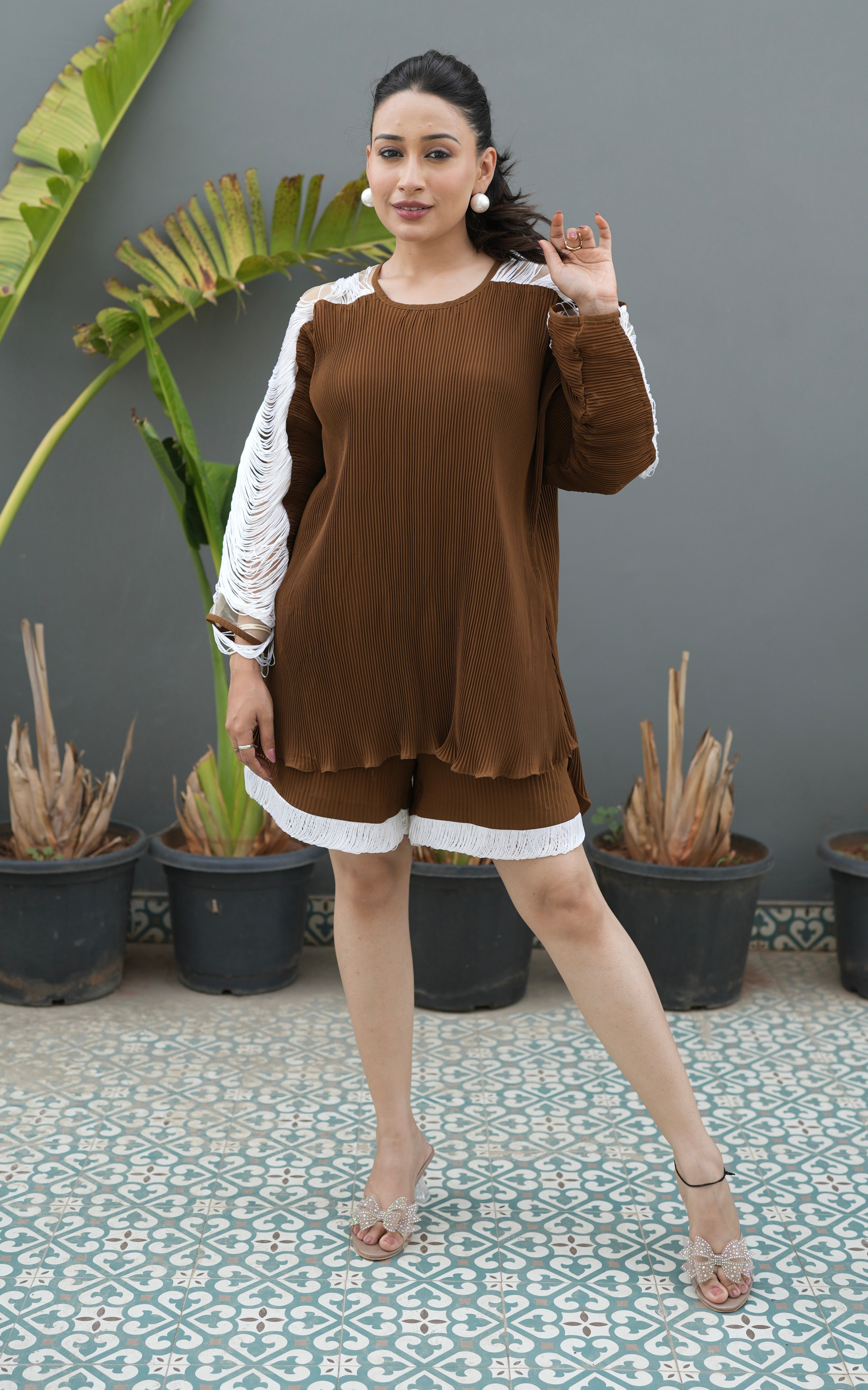 Cocoa Fringe Shorts Set in Brown and White