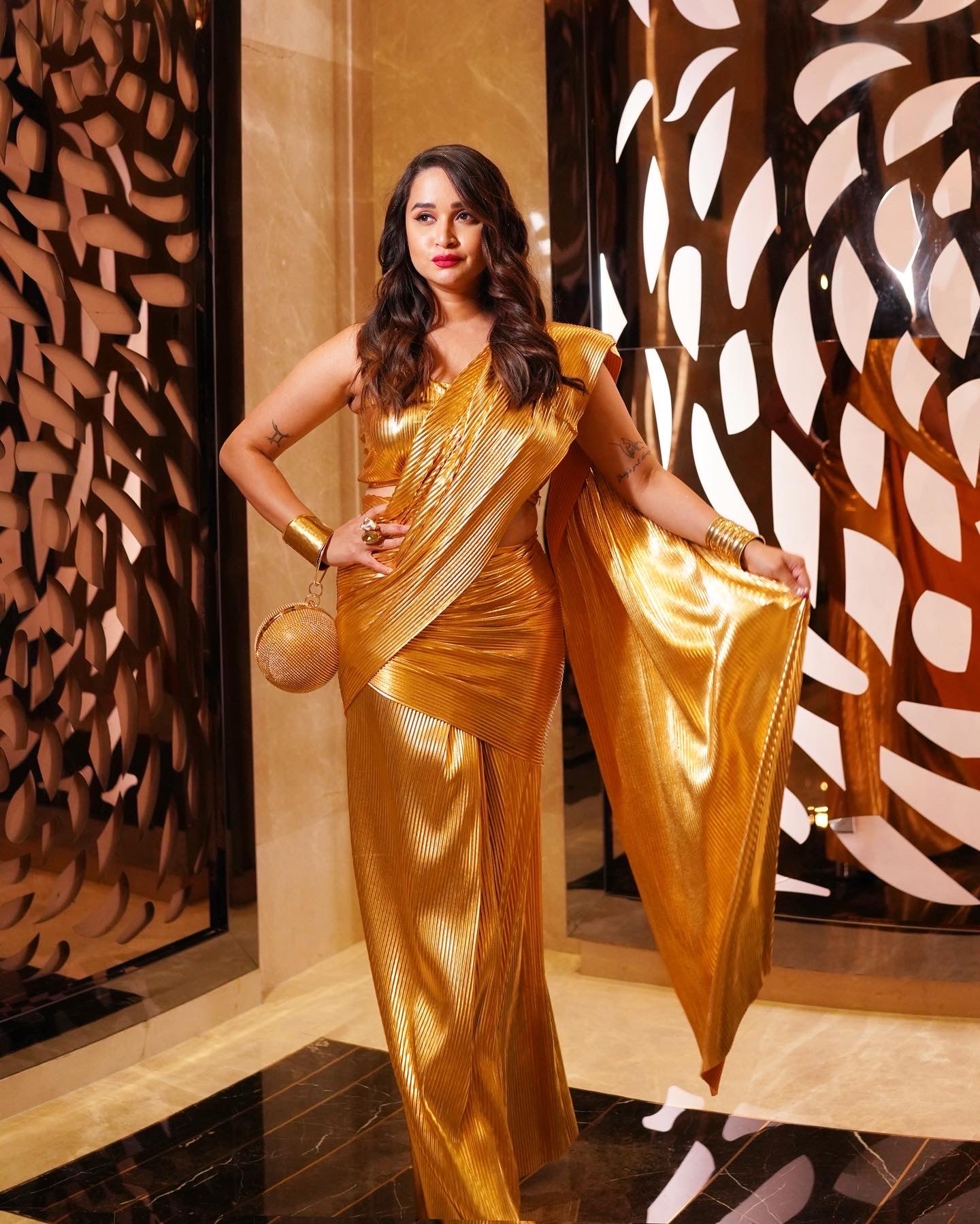 NOOR Semi Stitched Faux Leather Saree-GOLD with Sleeveless blouse