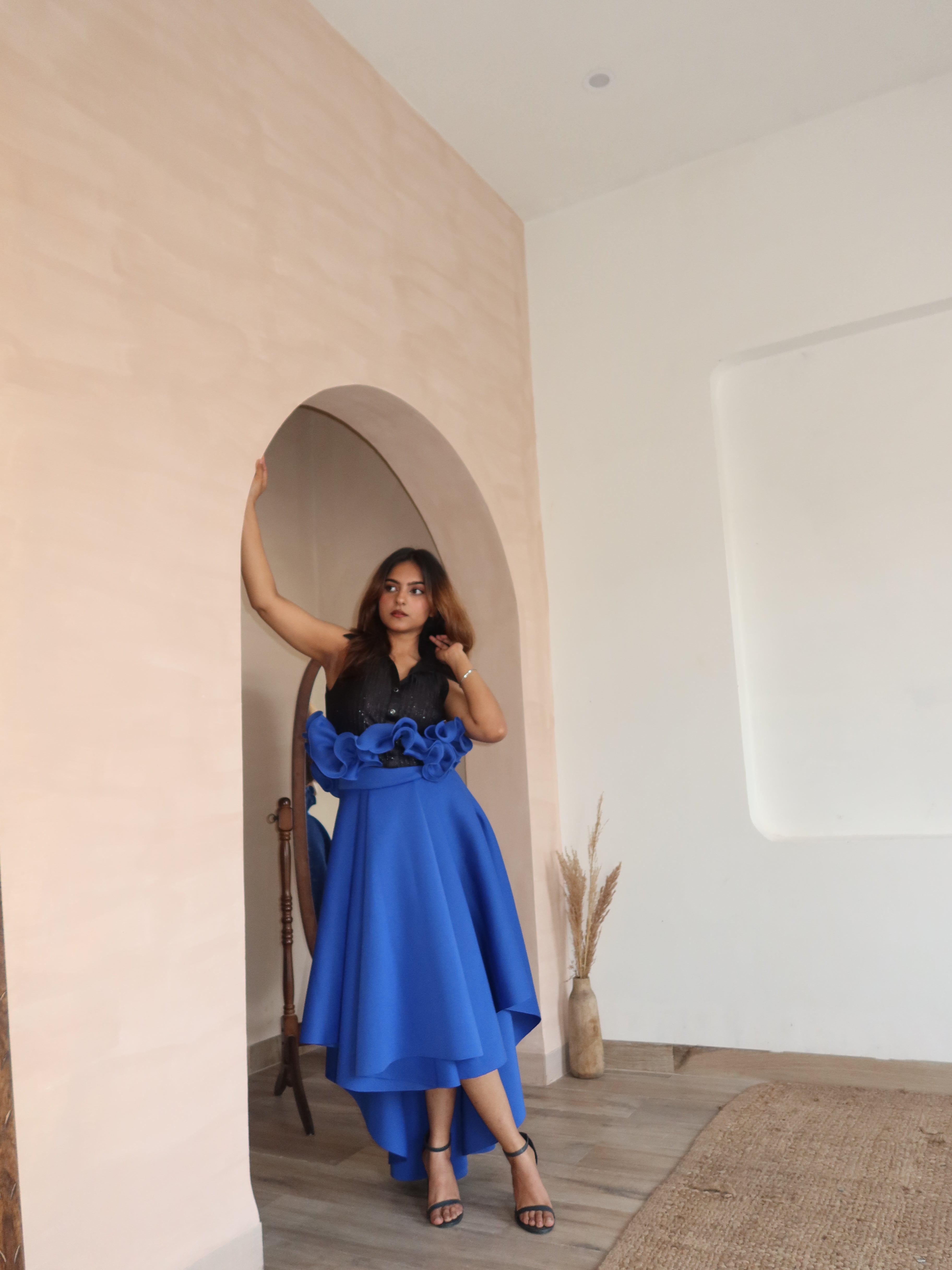 Ruffle  Drama Skirt Set in blue and black