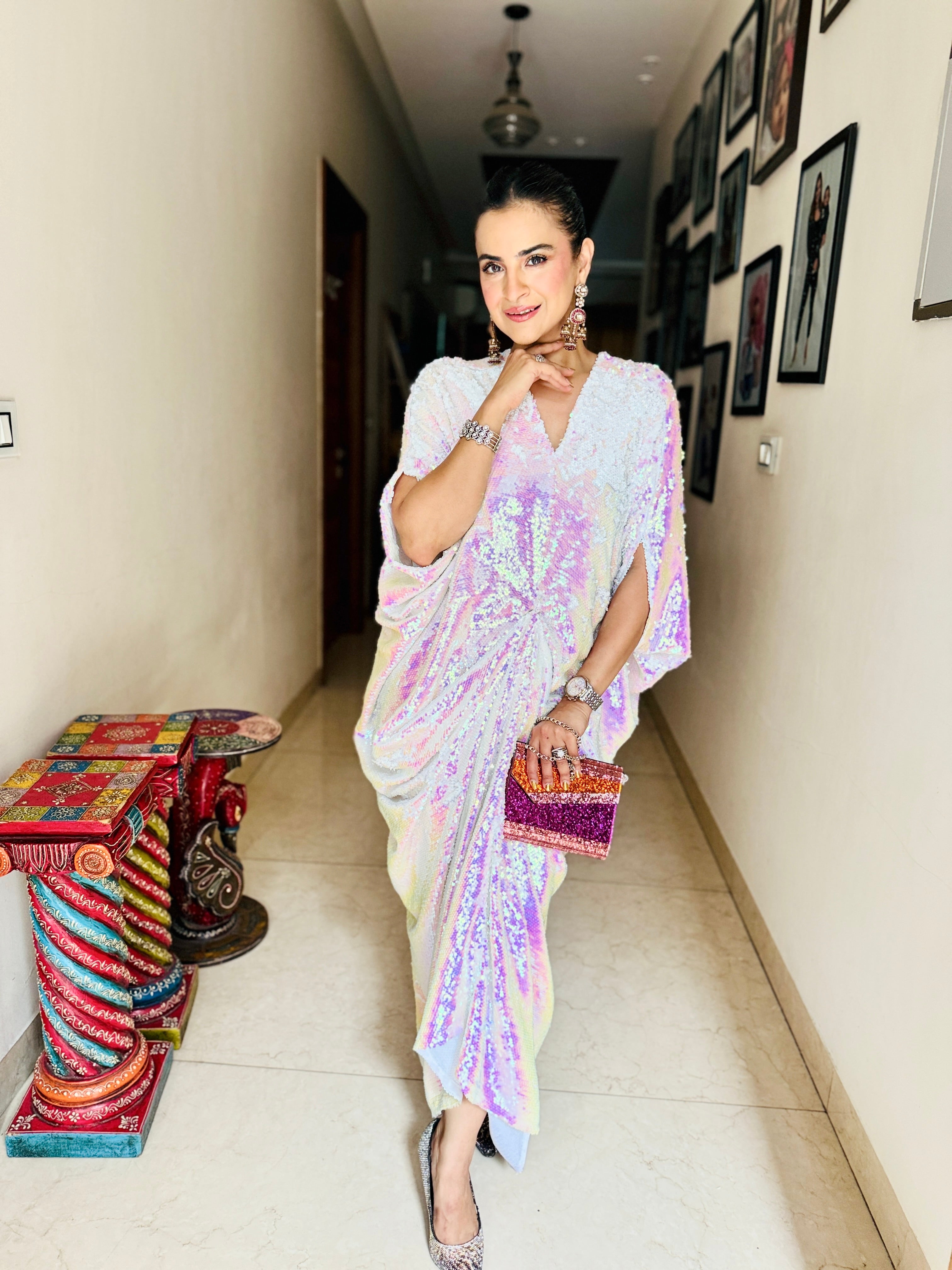 Hologlow V-neck sequin ruched kaftan