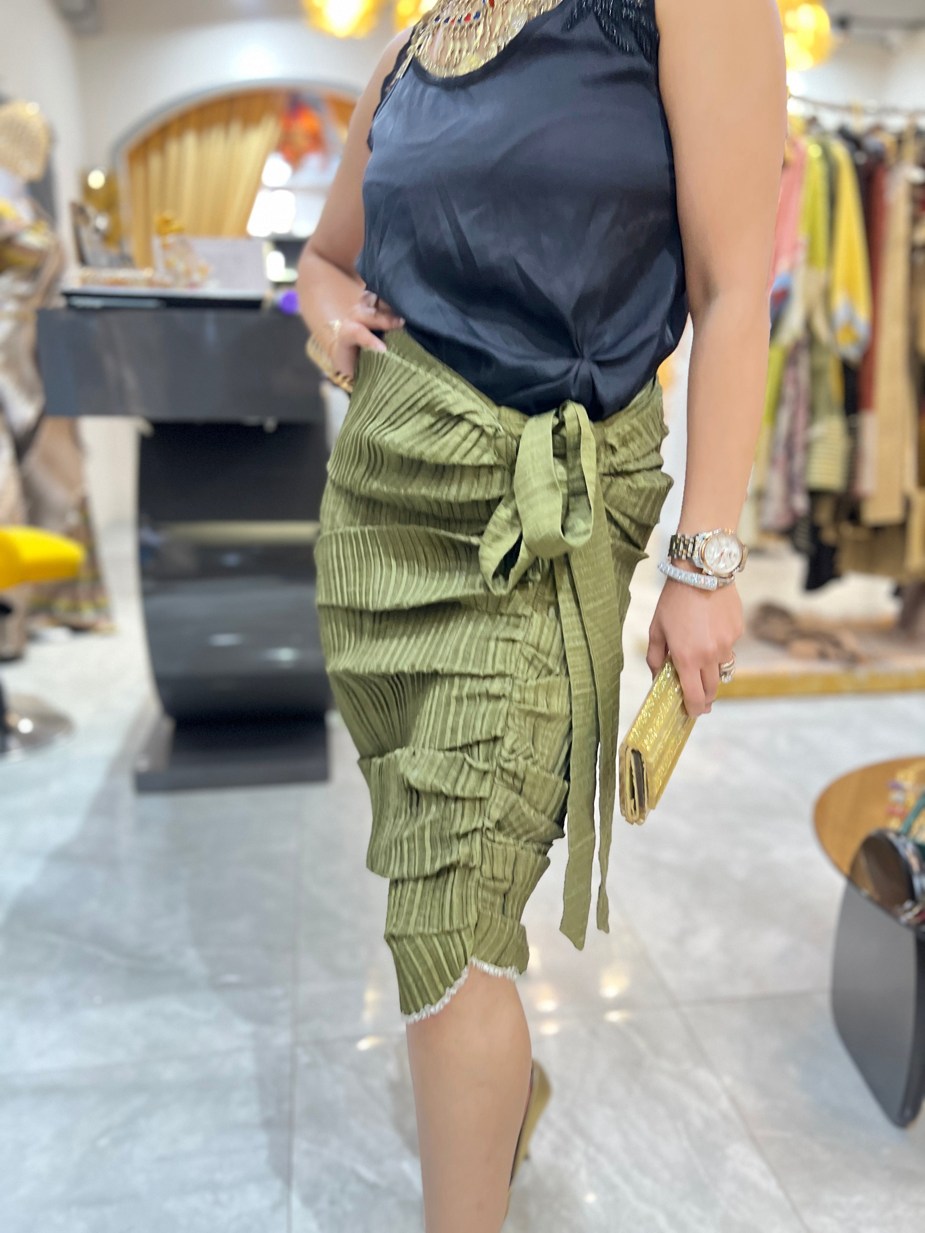 Rushed Skirt set in Light macawi green color