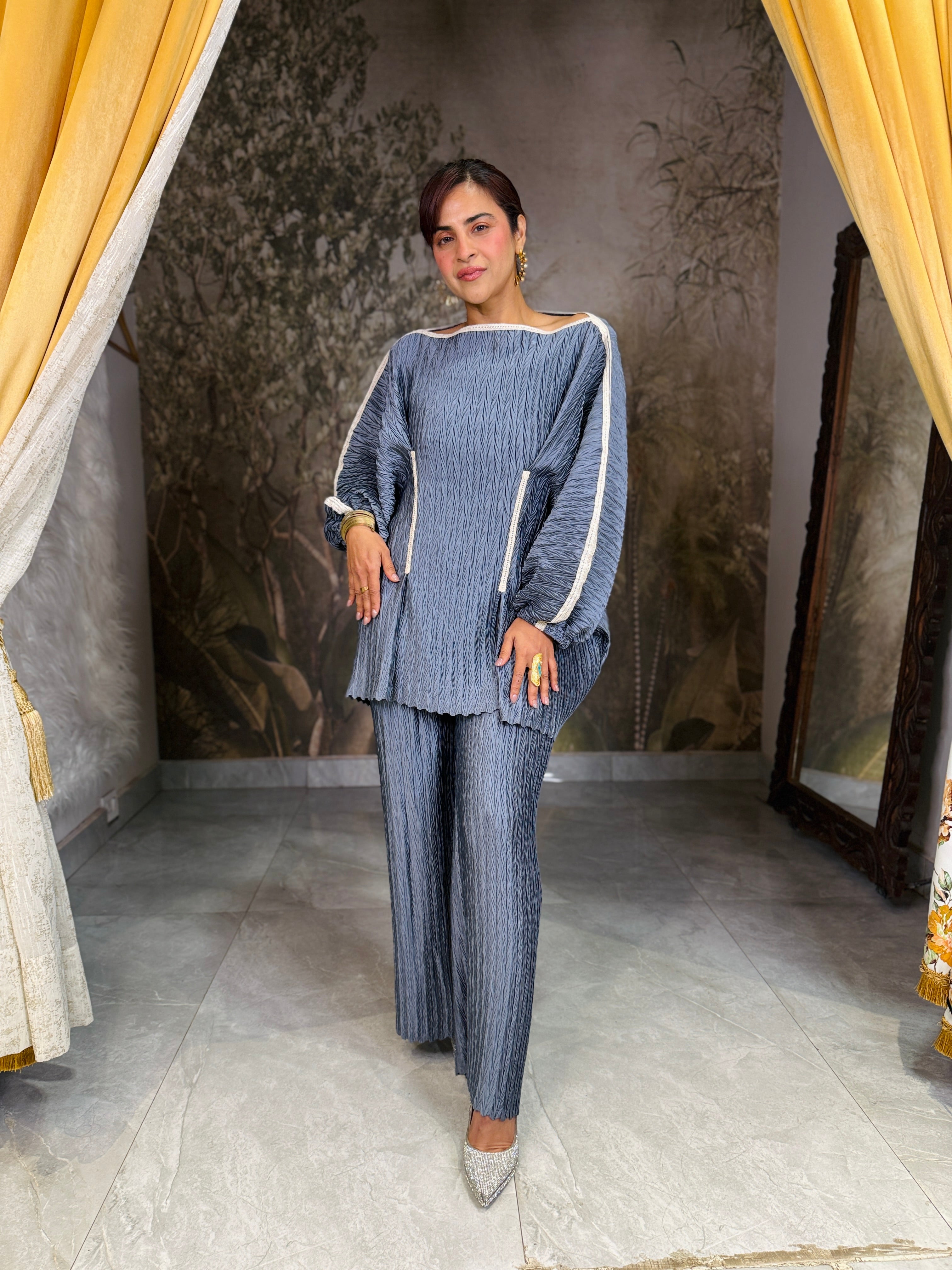 charcoal grey lace coord set diamond pleat