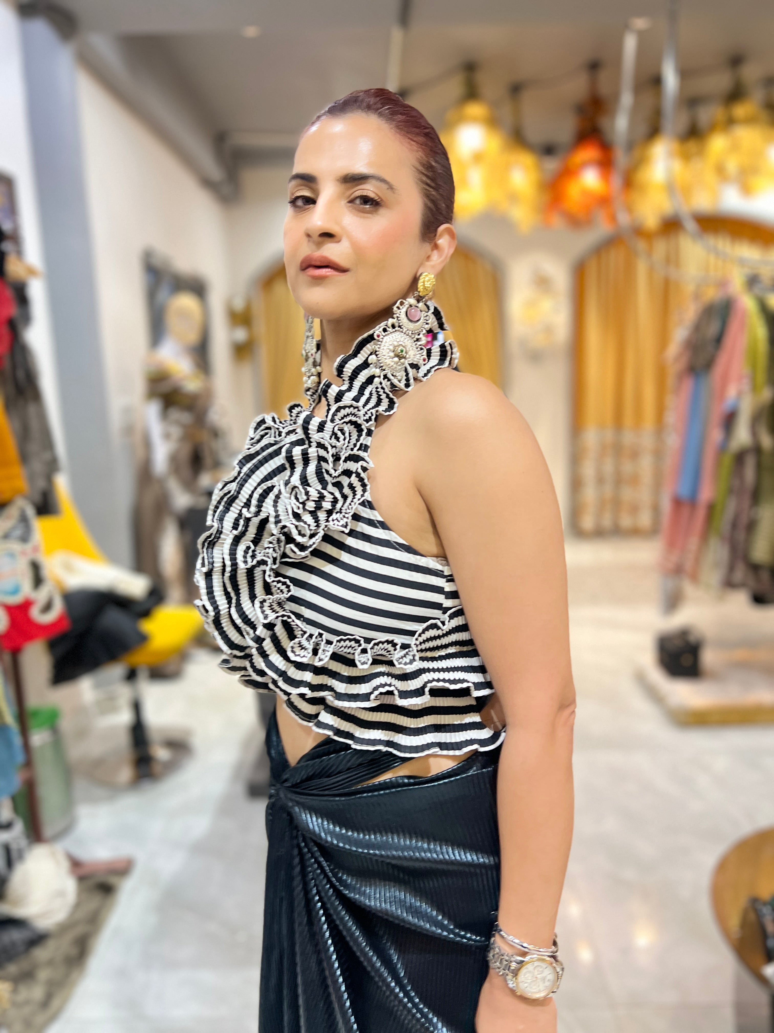 Stripe ruffle dream top with leather skirt set with belt