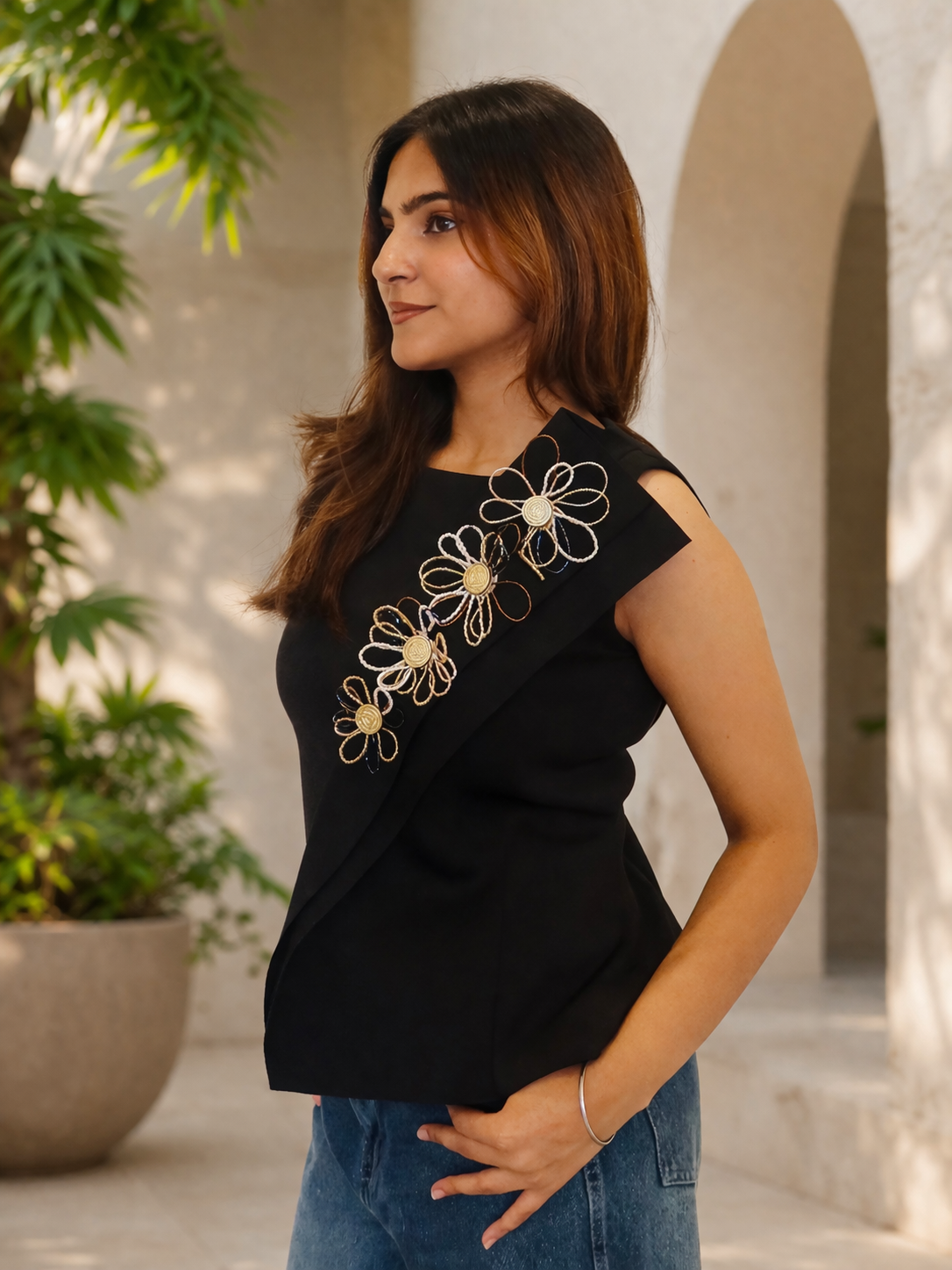 Embroidered Overlay Top in Black