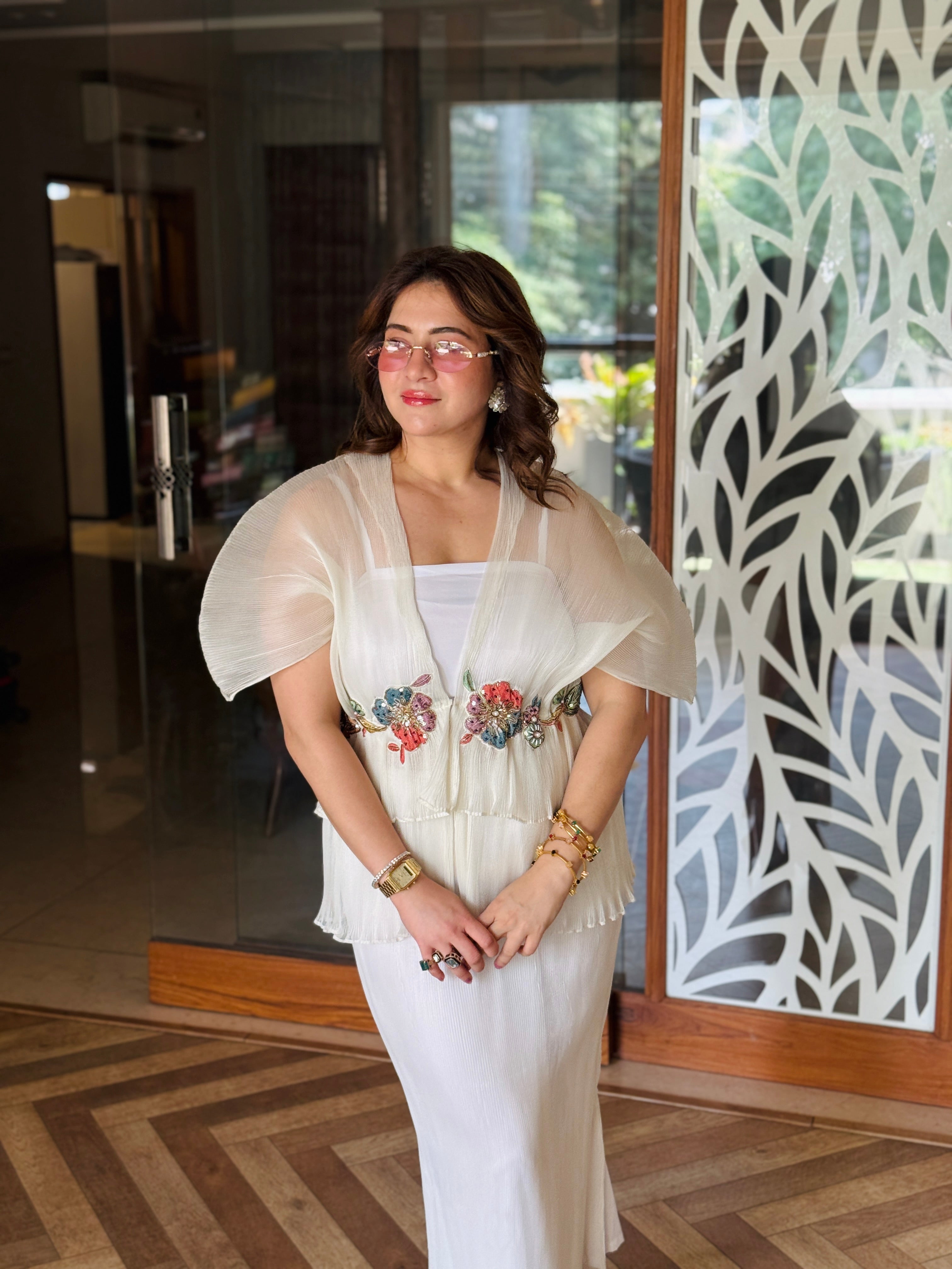Embroidered Moon Top in ivory with skirt