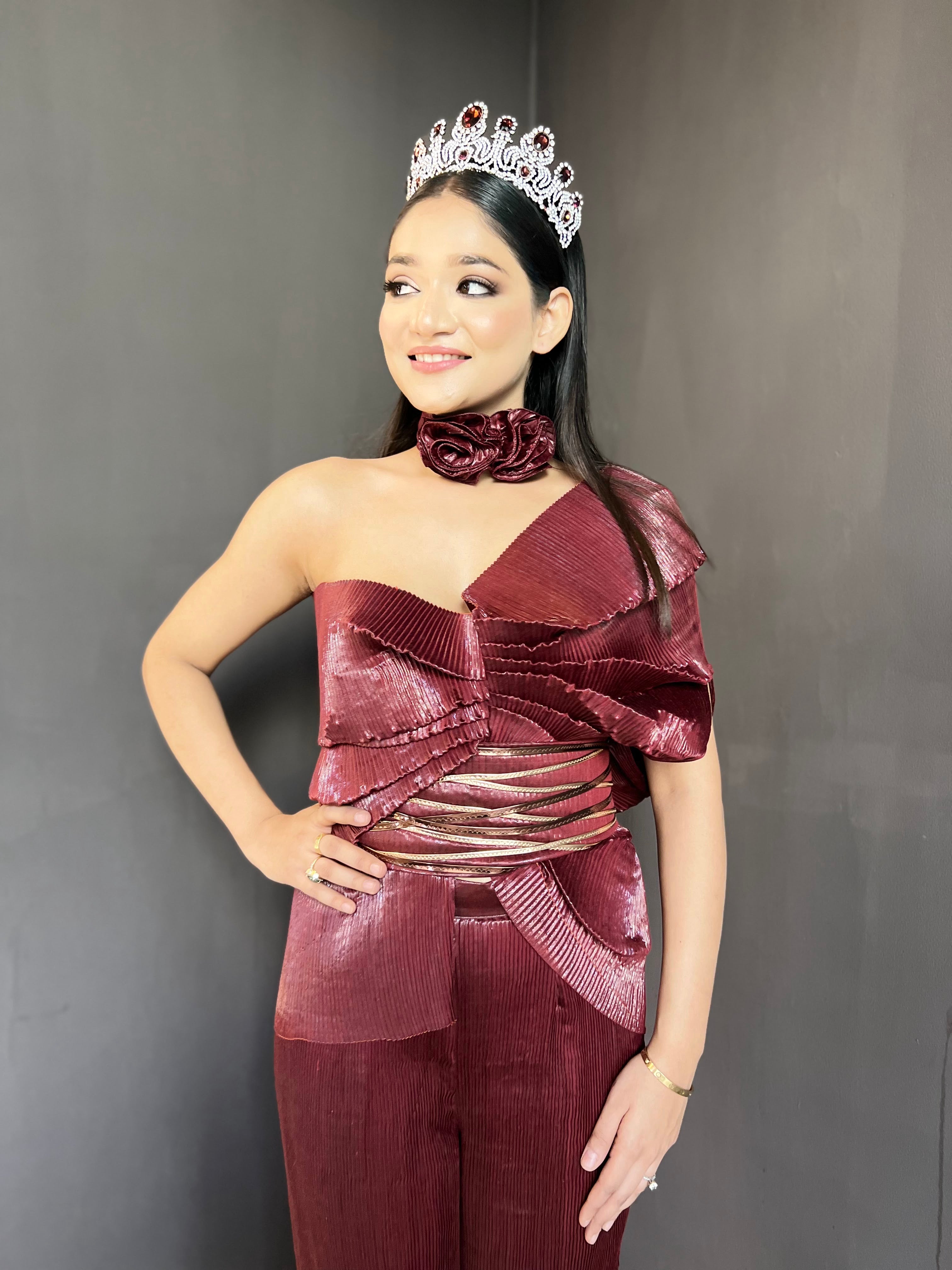 maroon shimmer multidrape pants set