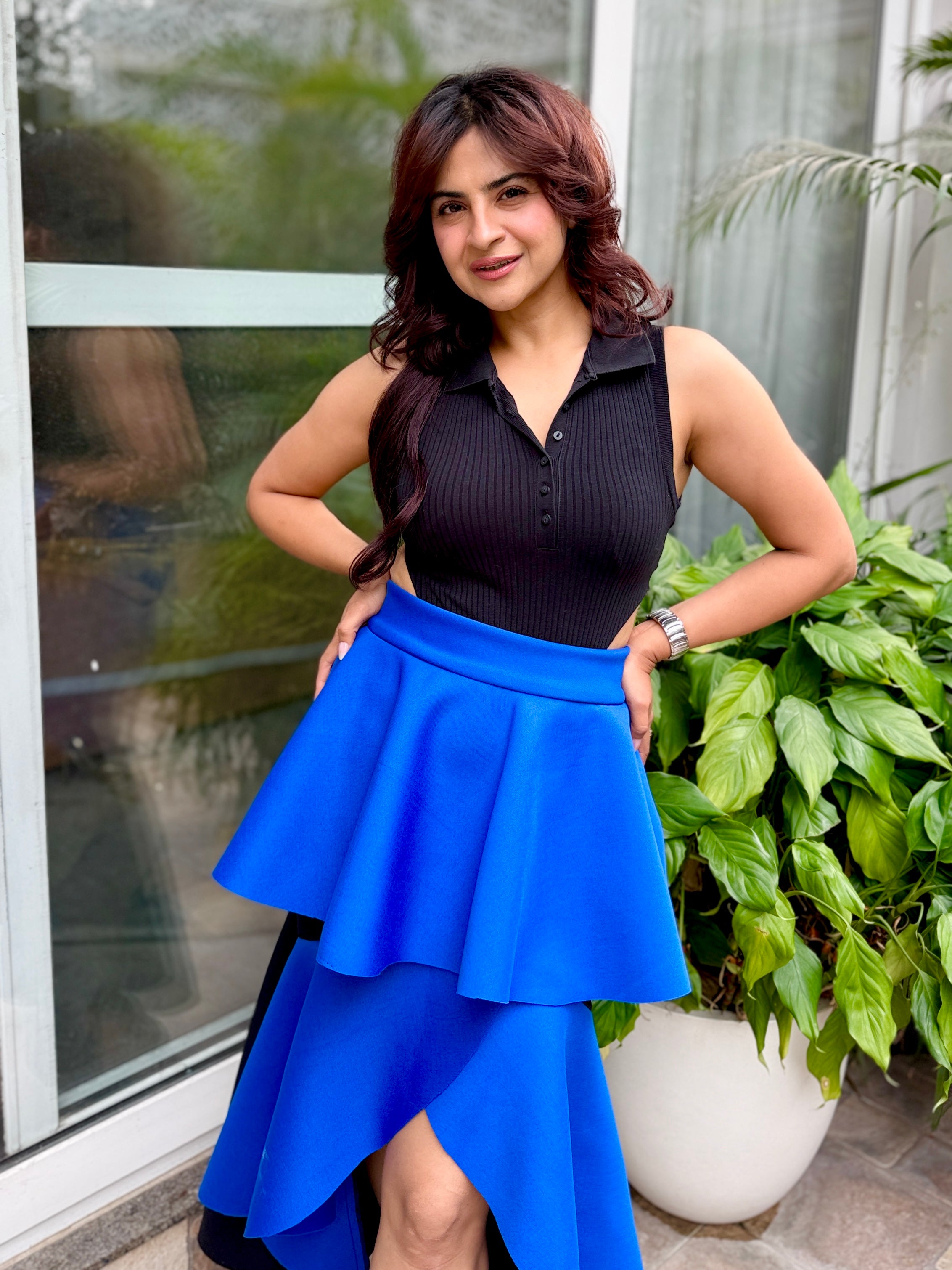 Ruffle Hi-Low Colorblock Skirt in Blue & Black