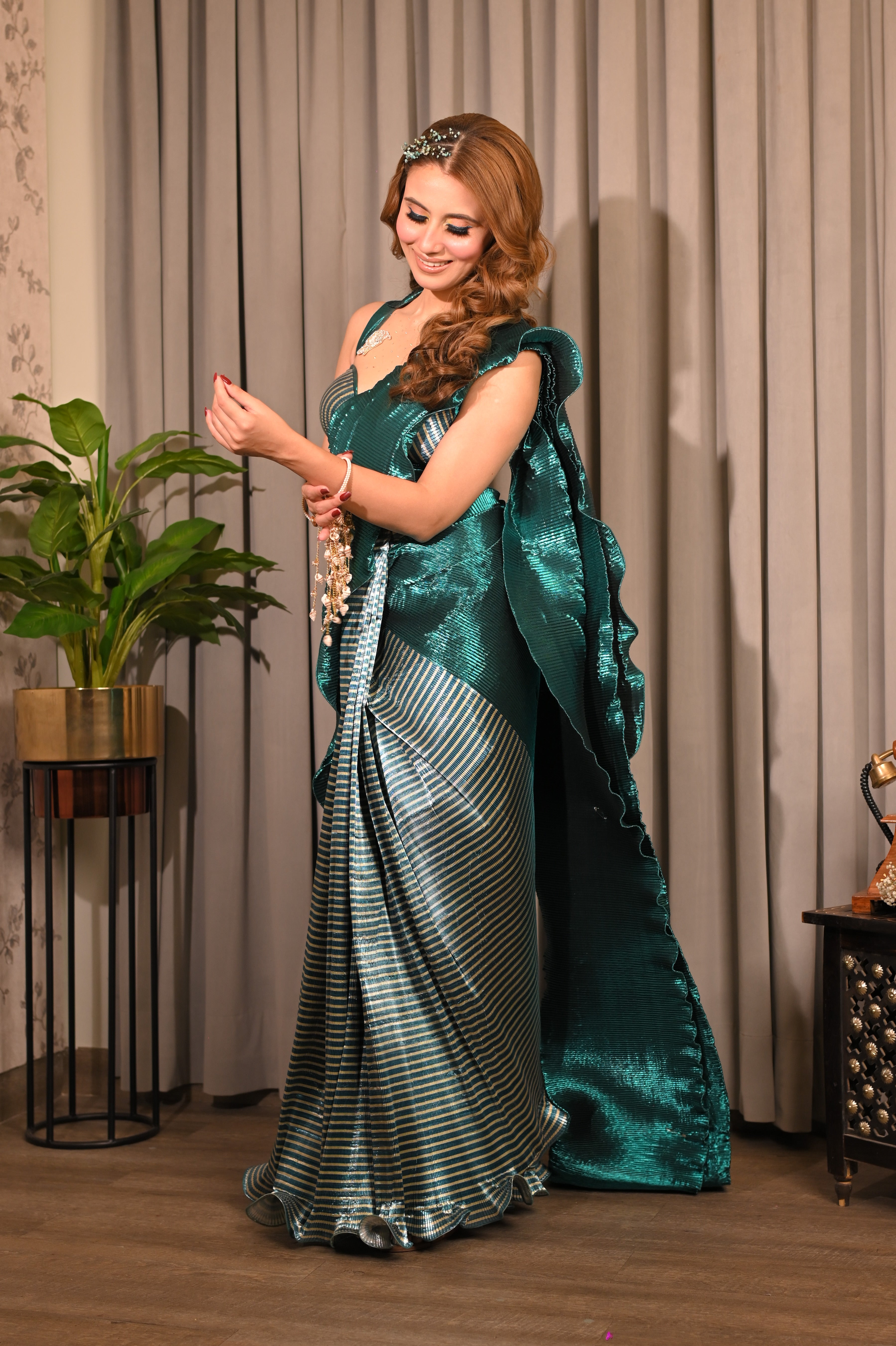 Turquoise color block saree