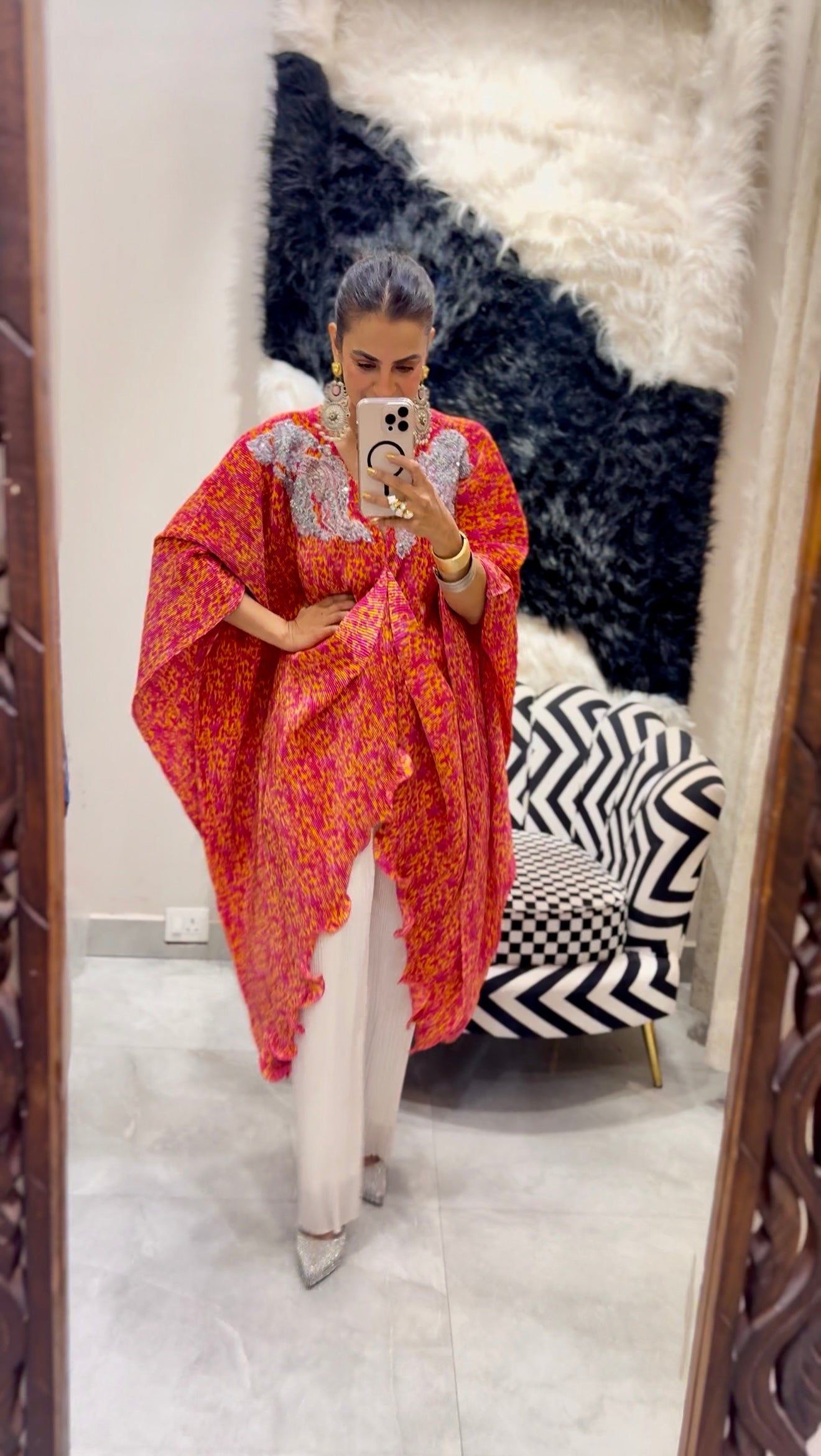 Pink floral V neck embroidered kaftan