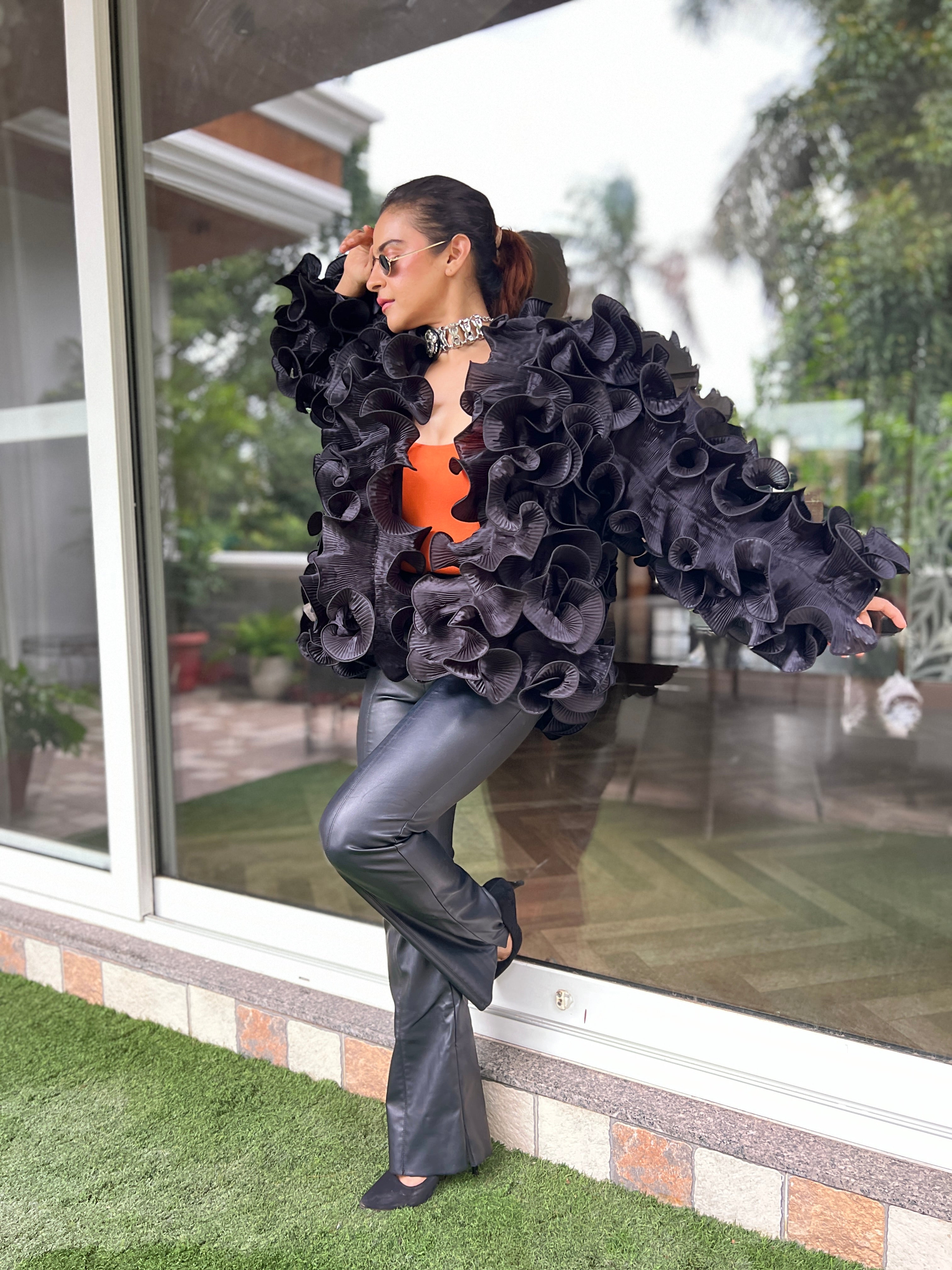 Black silk ruffle cape