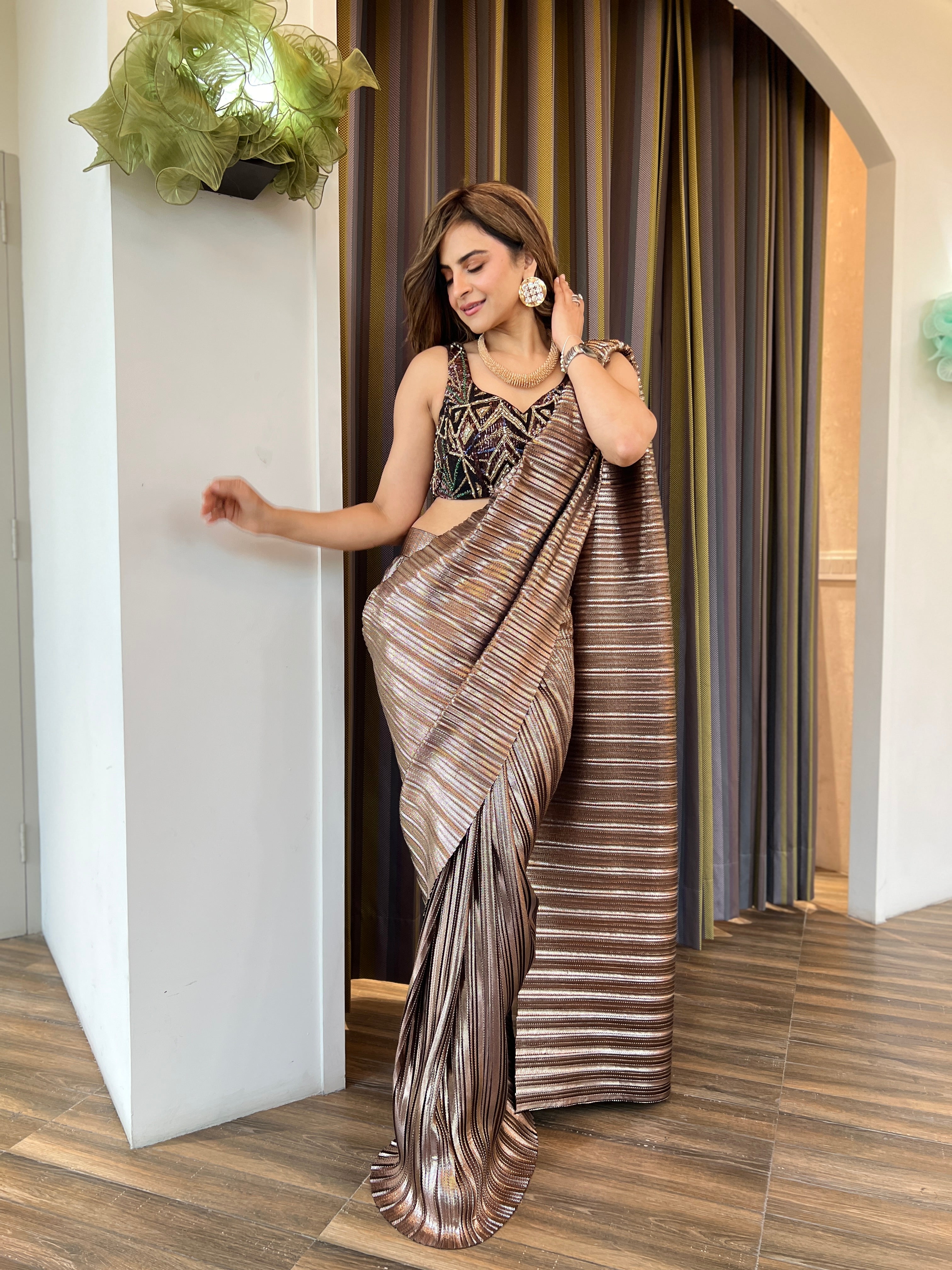 Zardosi Blouse with pre-draped Saree Set in Sunset Rose