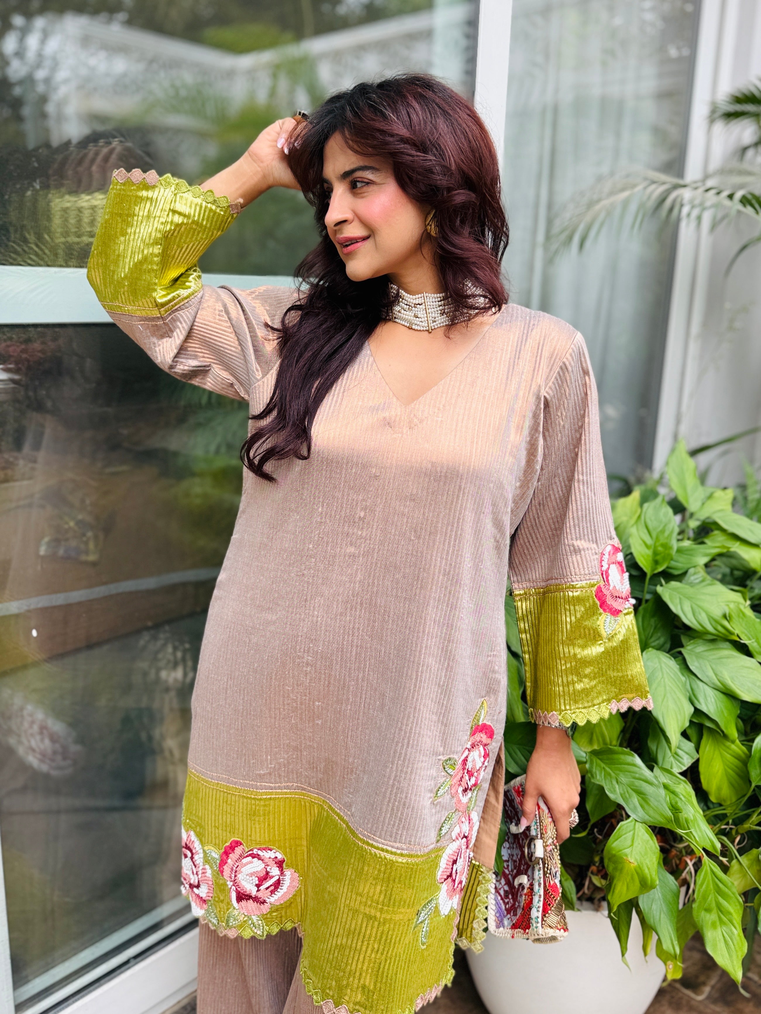 Gulbahar Kurta Set in Green and Beige