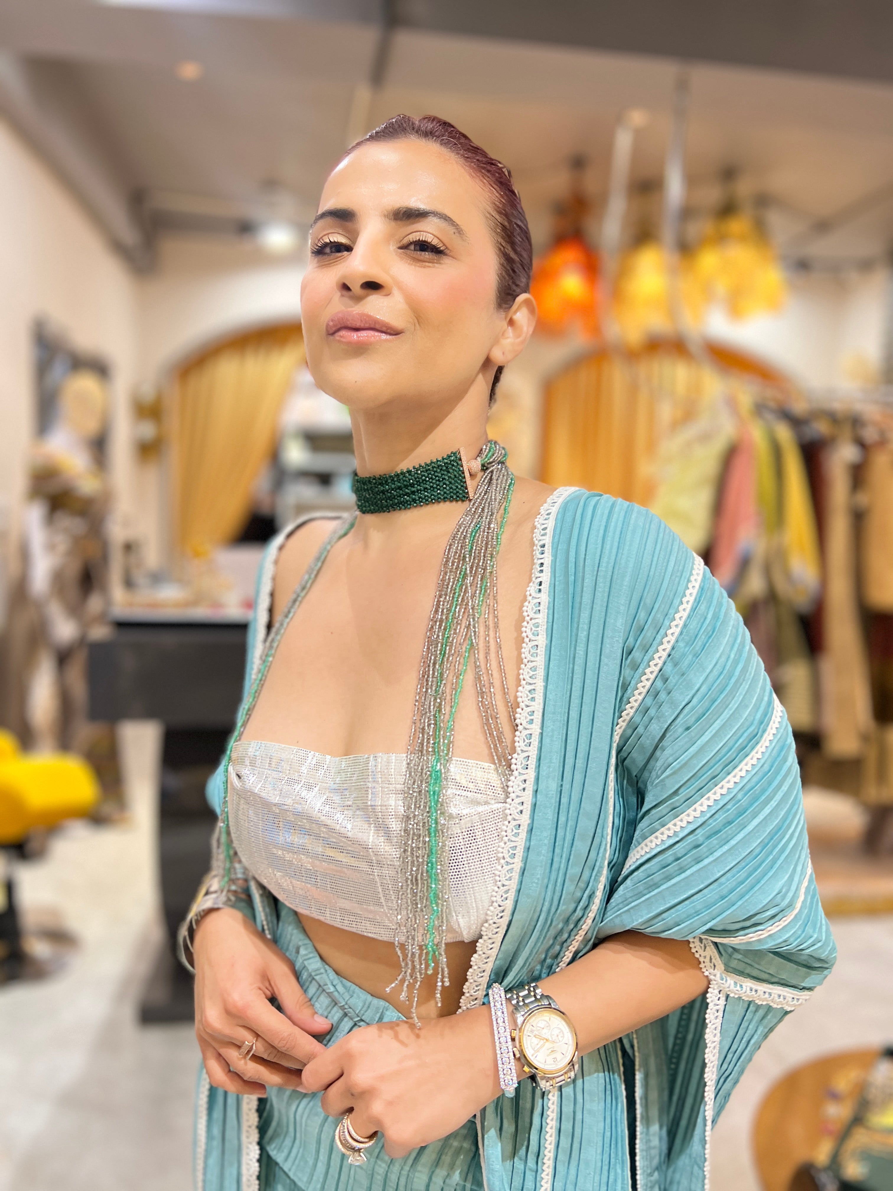 Rushed skirt with illusion cape in Carribean Mint with choker