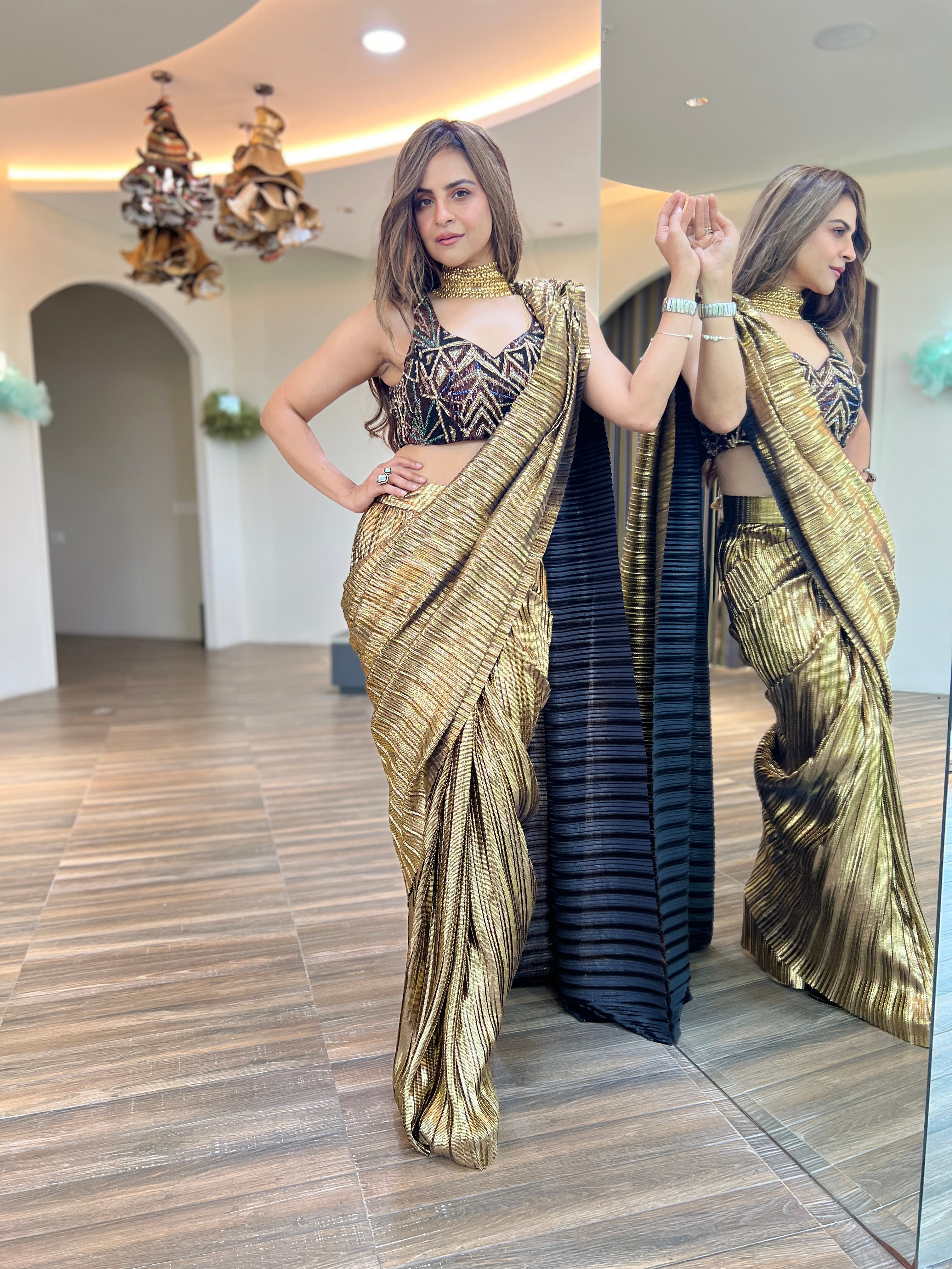 Zardosi Blouse with pre-draped Saree Set in Egyptian Gold