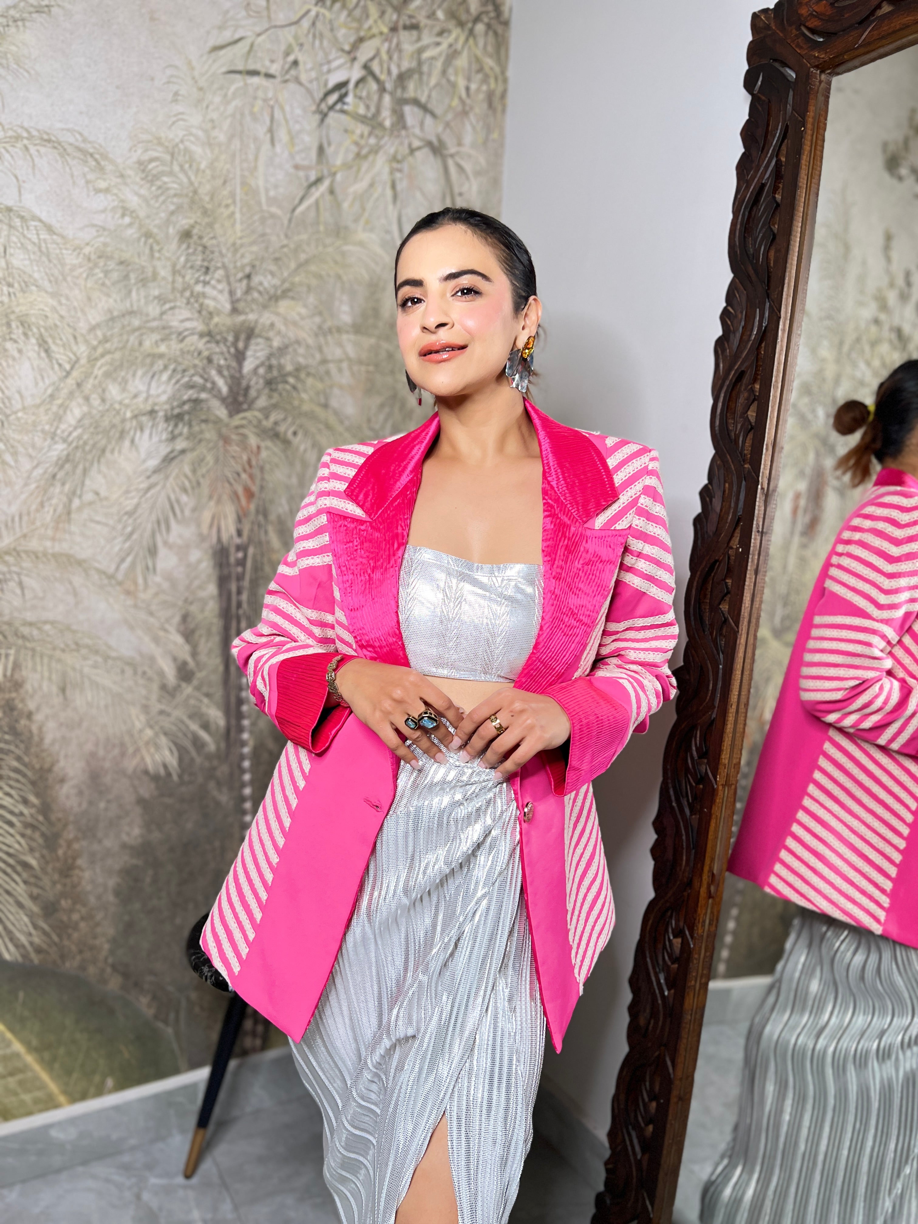 Valentino Pink illusion blazer white silver drape skirt set