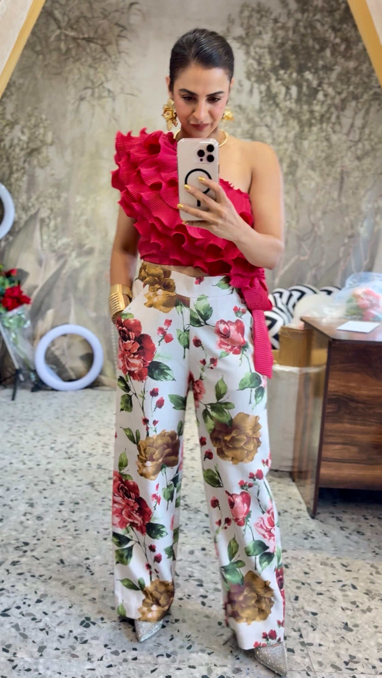 Pink floral ruffle one shoulder top