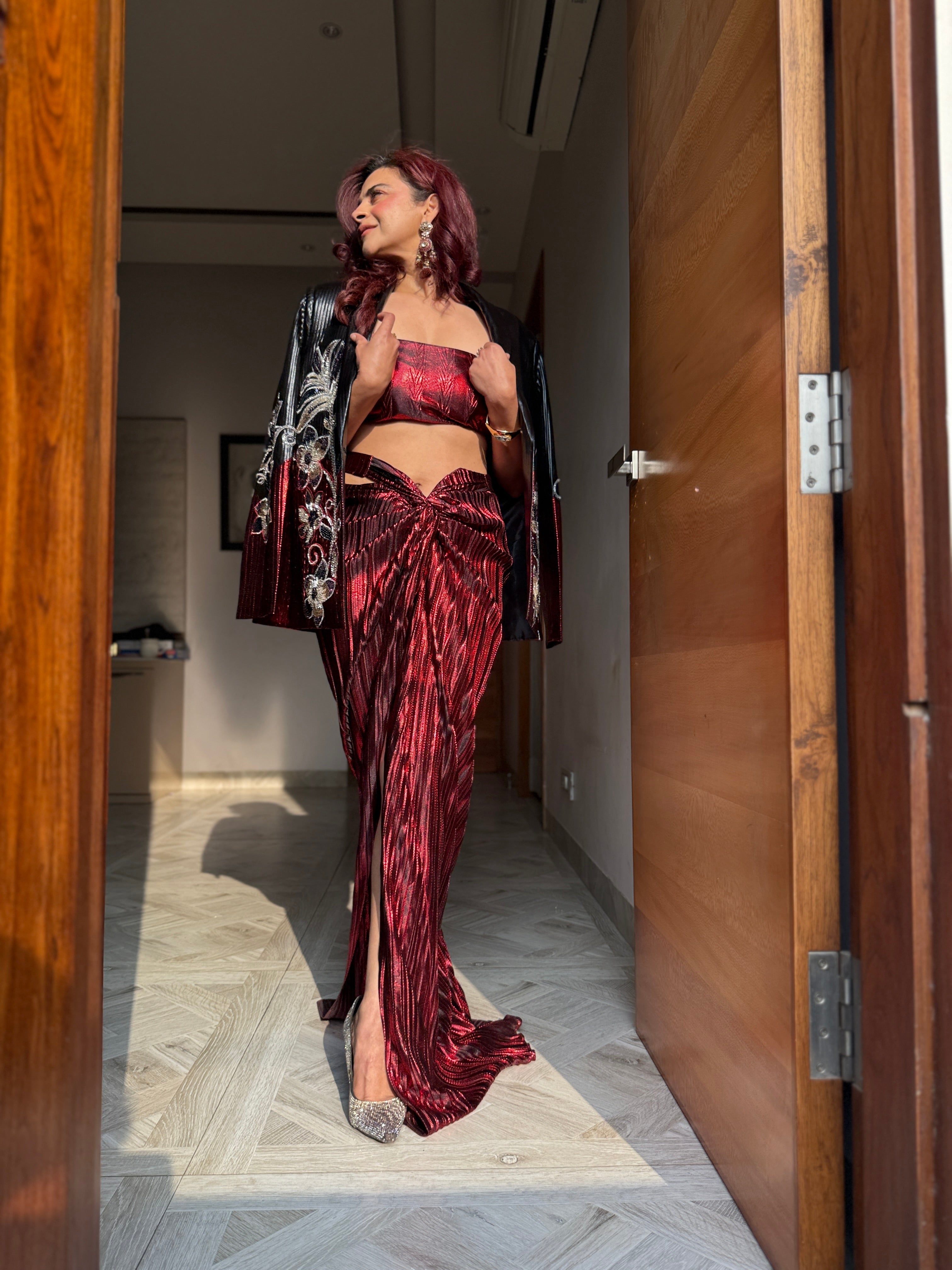 red and black  foil half and half power blazer with dhoti and tube