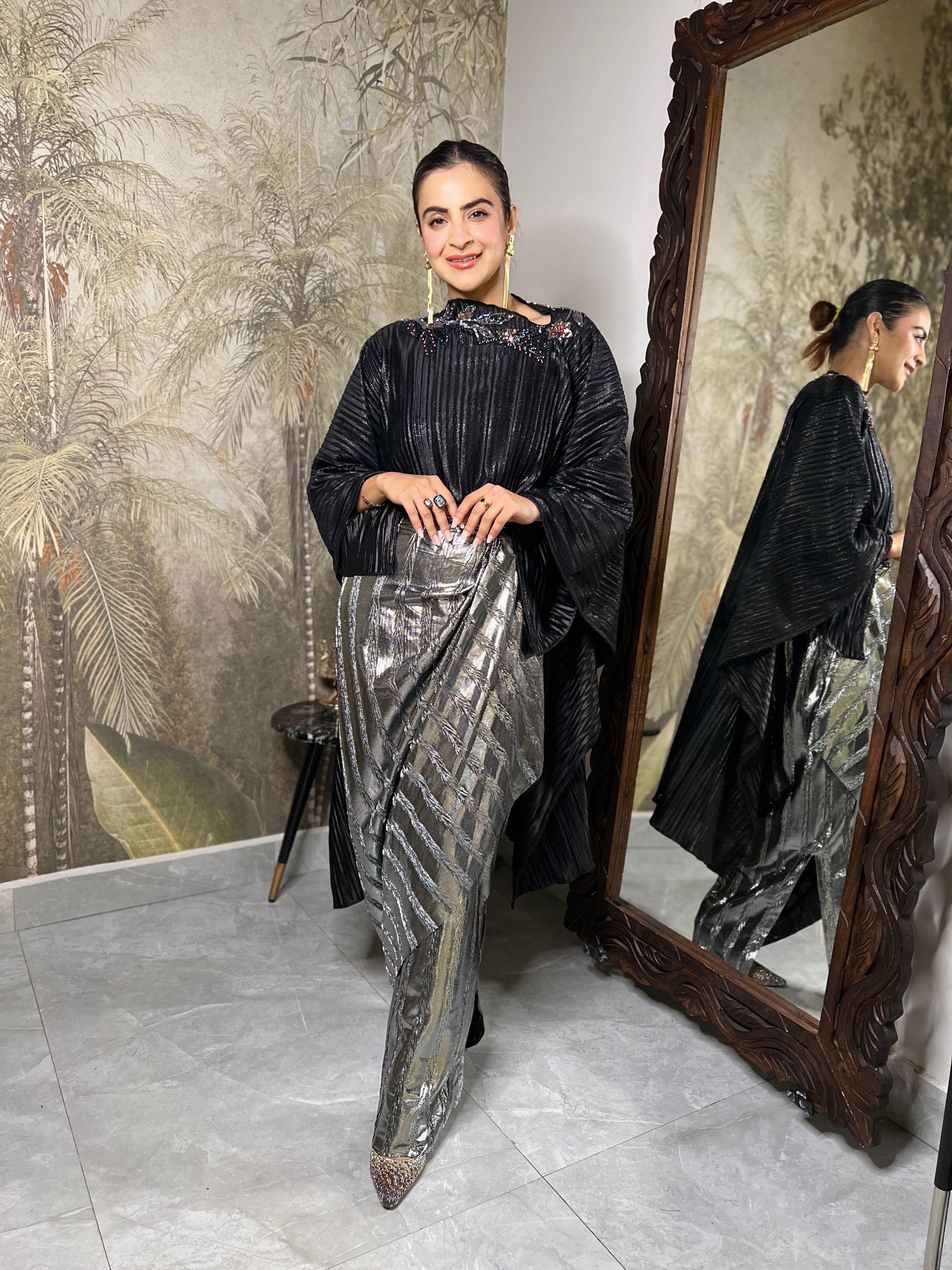 Black cape with silver foil dhoti set