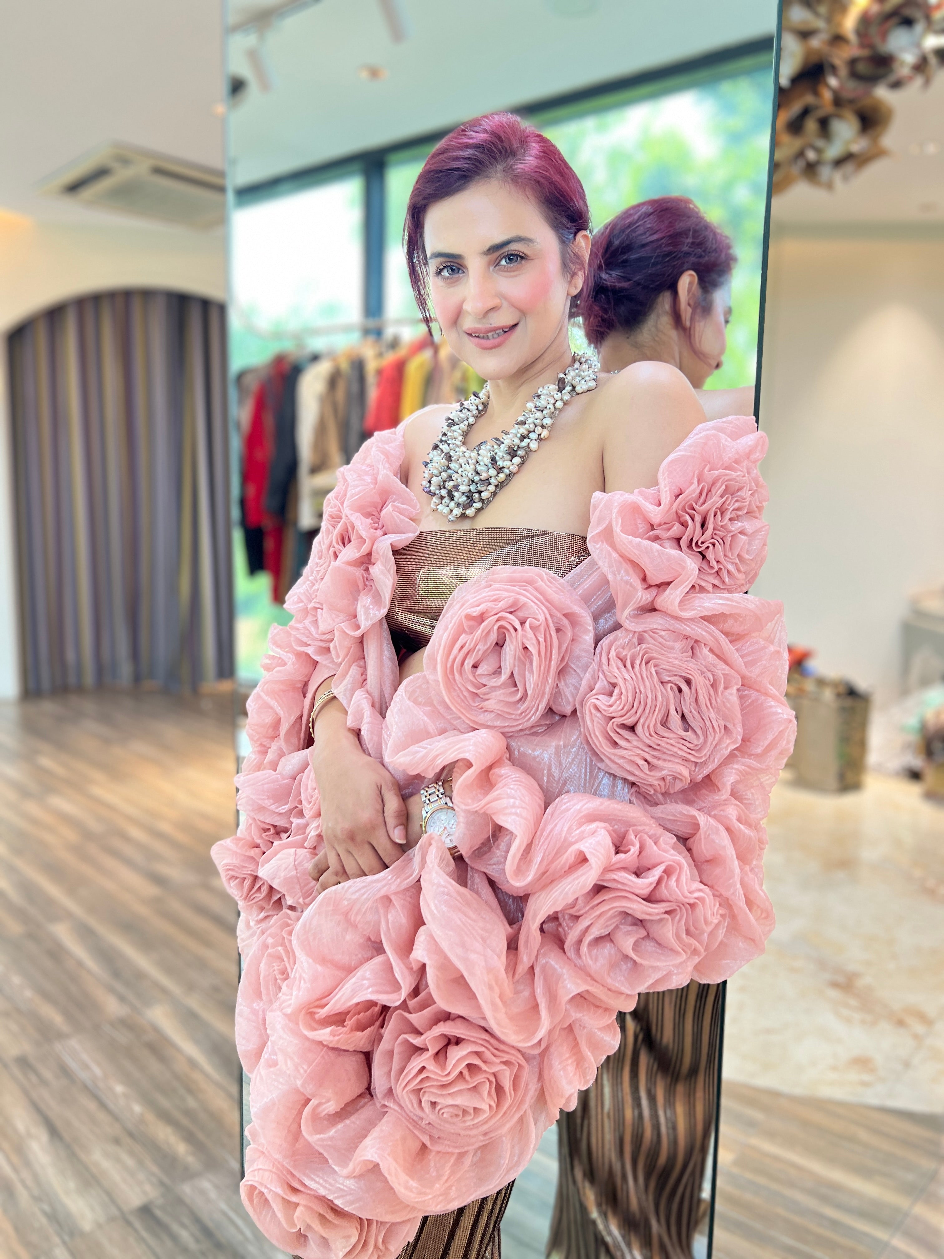 Rose 3D Flower cape Set in Pink and Rose Gold