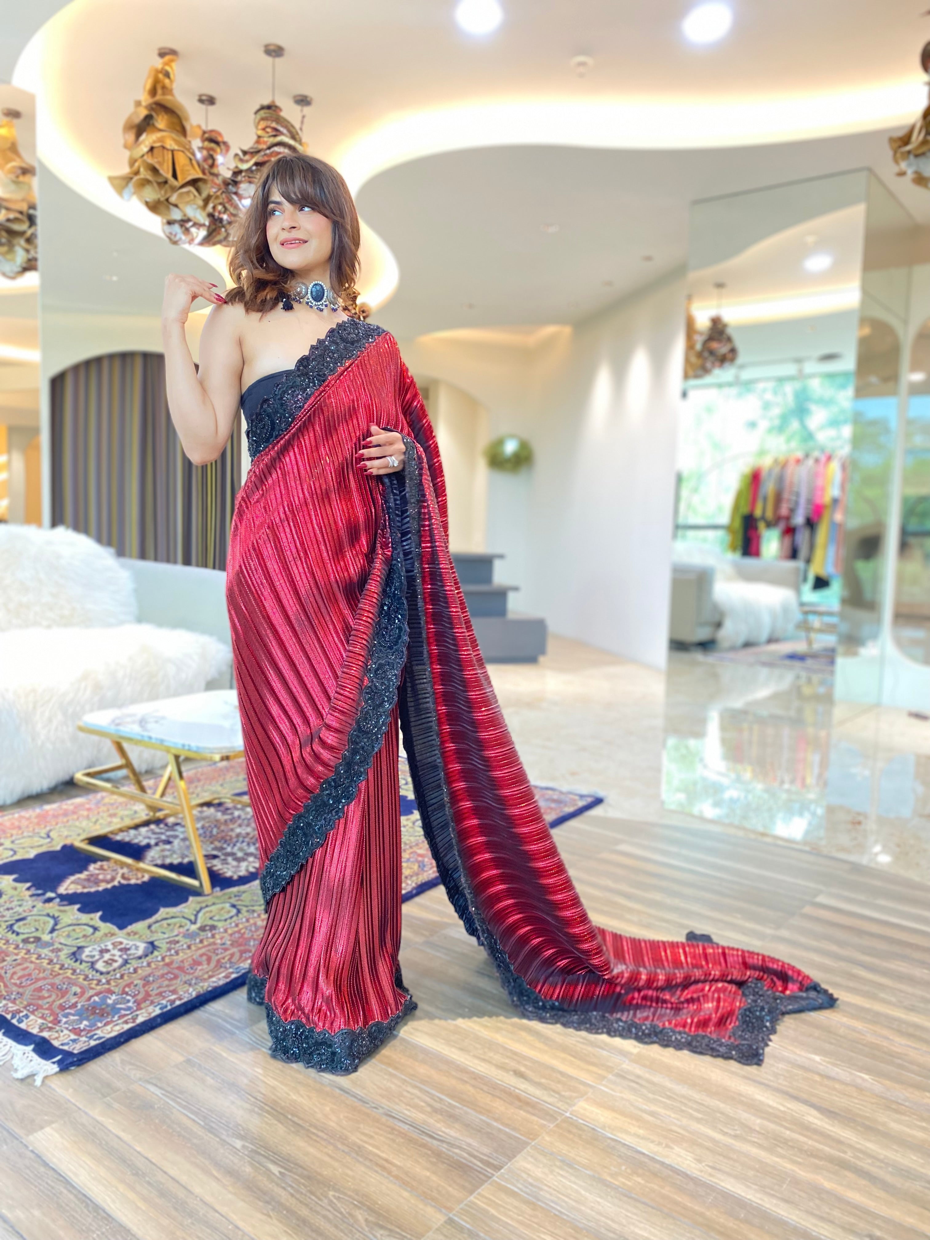 Red embroidered pre-draped saree set