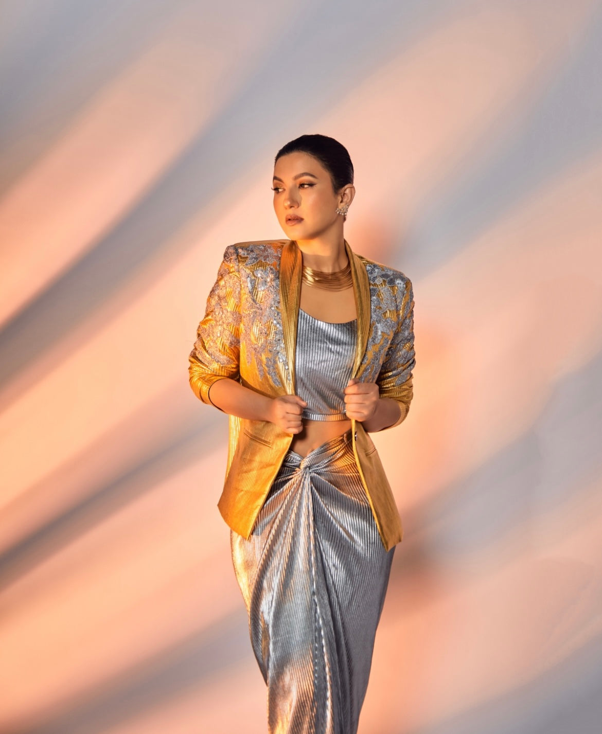 Power drape skirt suit in Gold and Silver