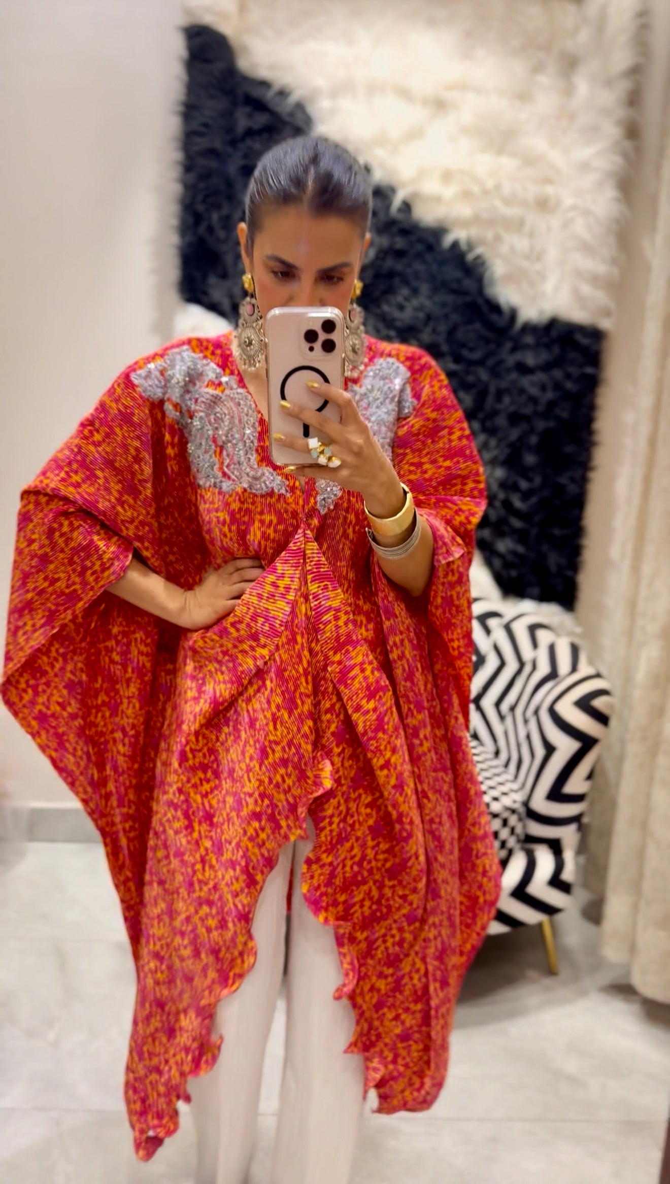 Pink floral V neck embroidered kaftan