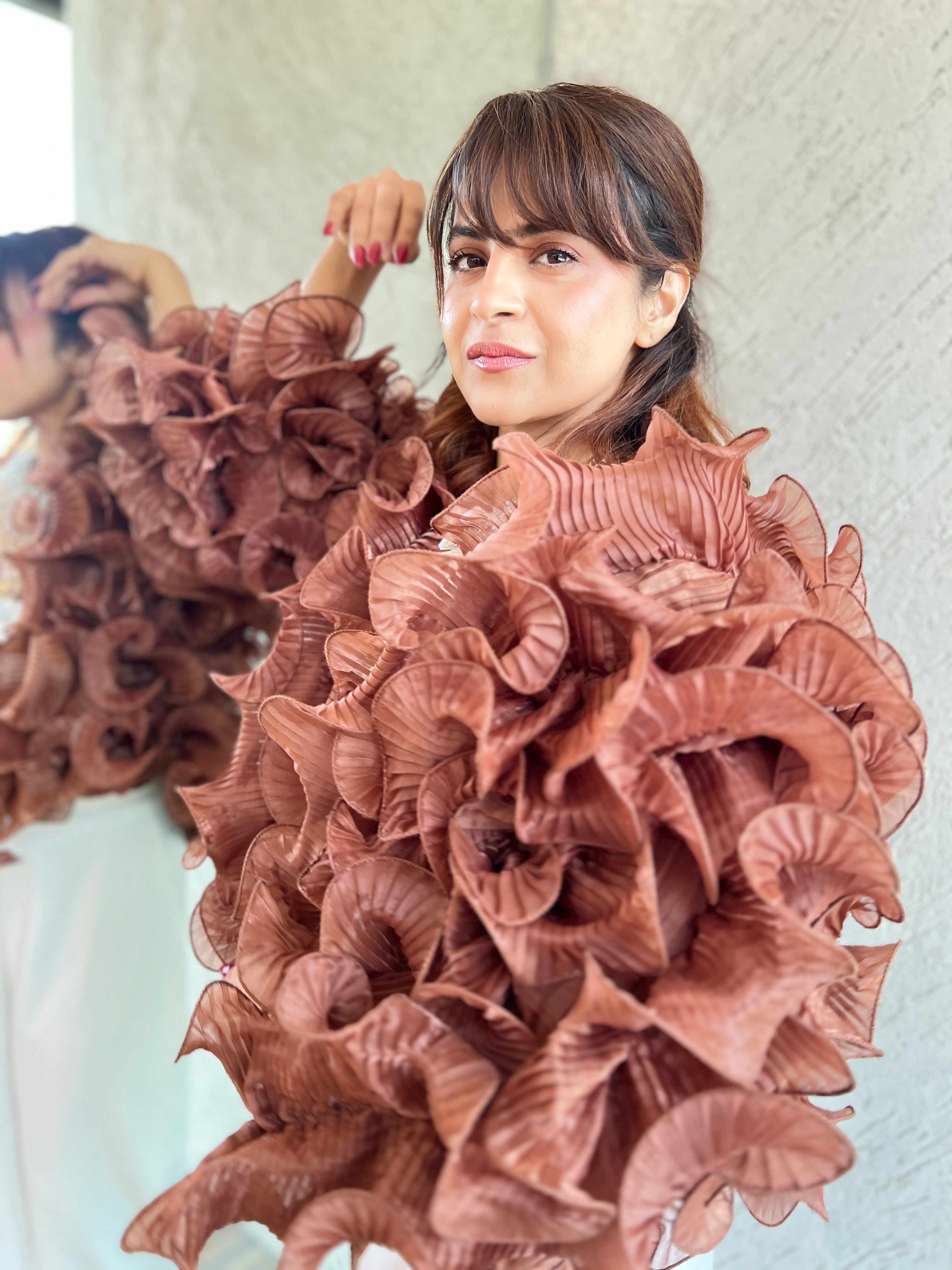 Cinnamon Bloom Ruffle Cape in Chocolate Brown