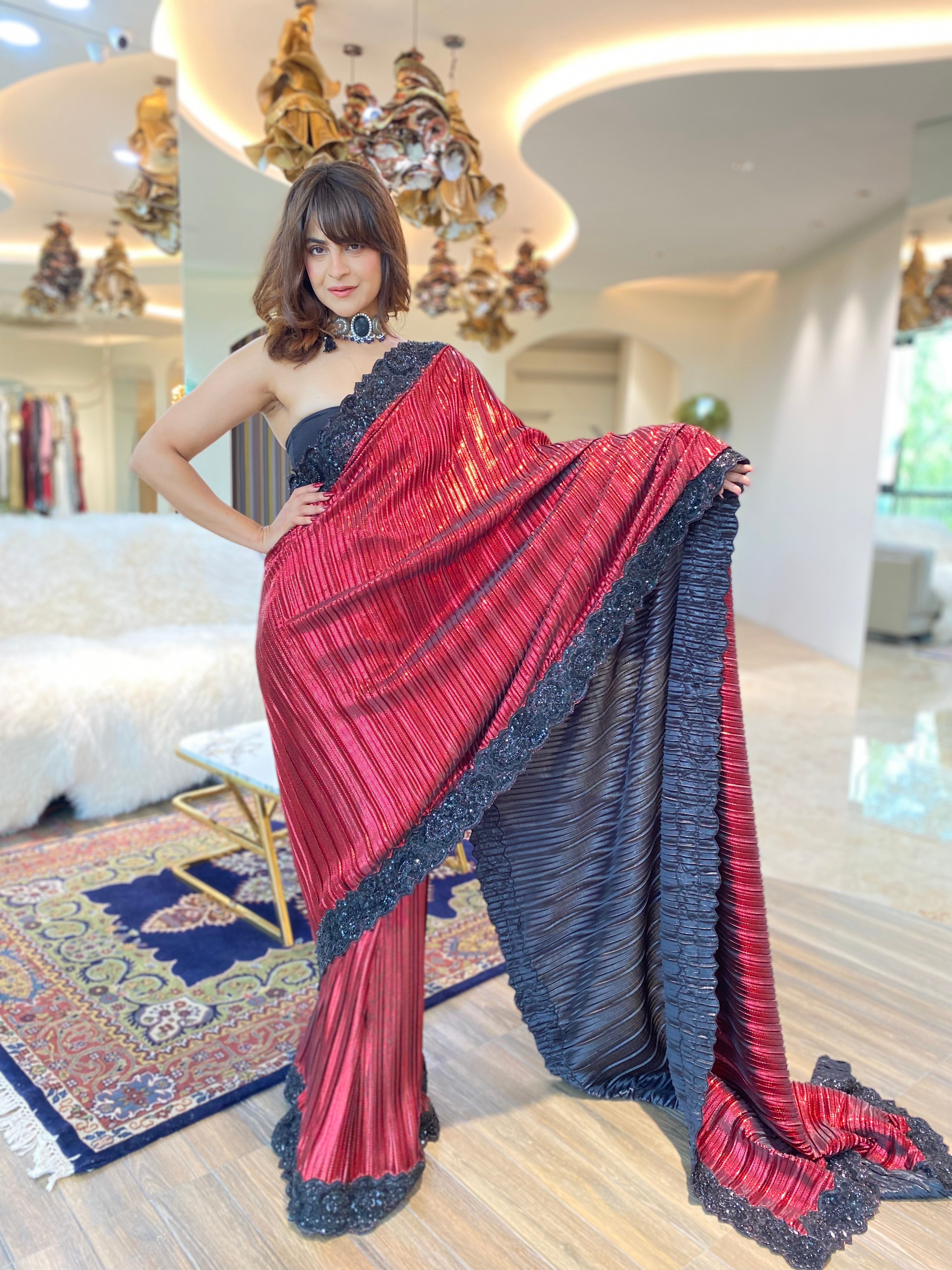 Red embroidered pre-draped saree set