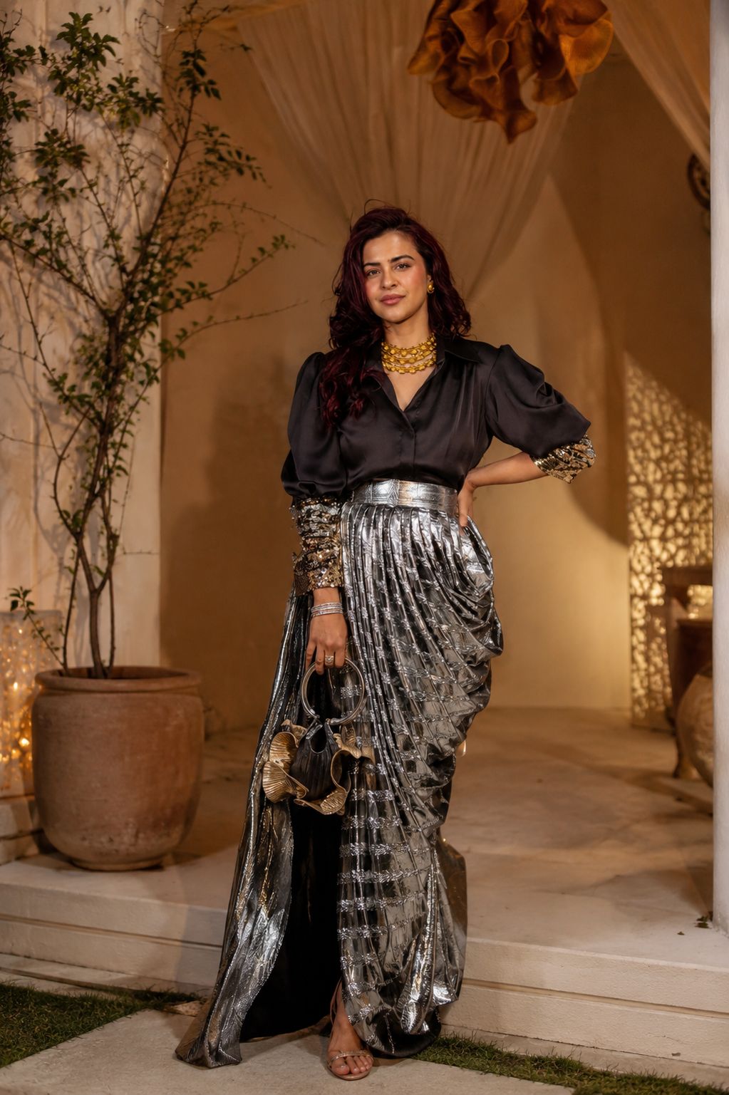 Black Armani shirt with Silver foil cowl skirt