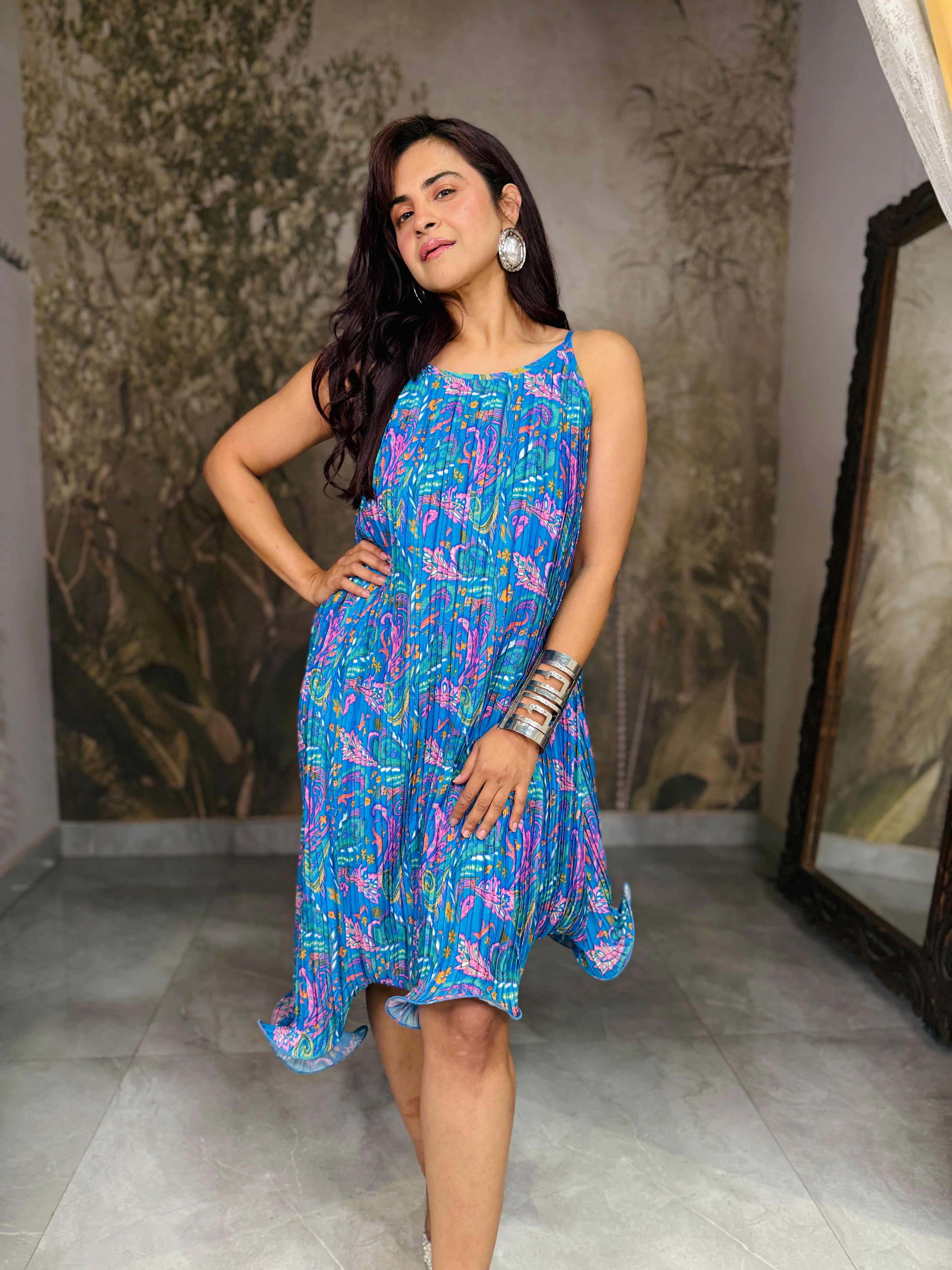 Paisley groove halter neck ruffle dress