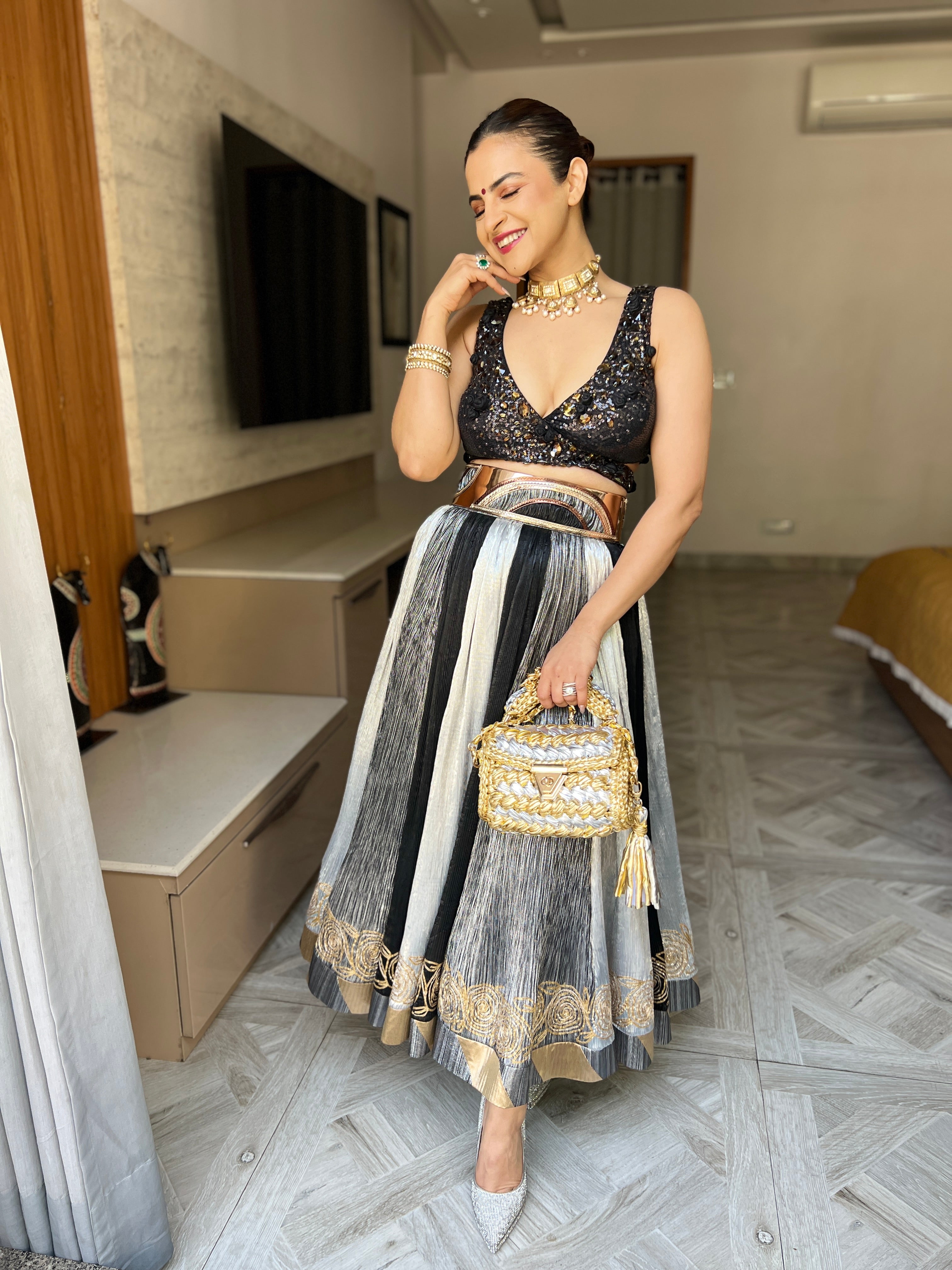 Zuri short lehenga with embroidery blouse in Black and silver