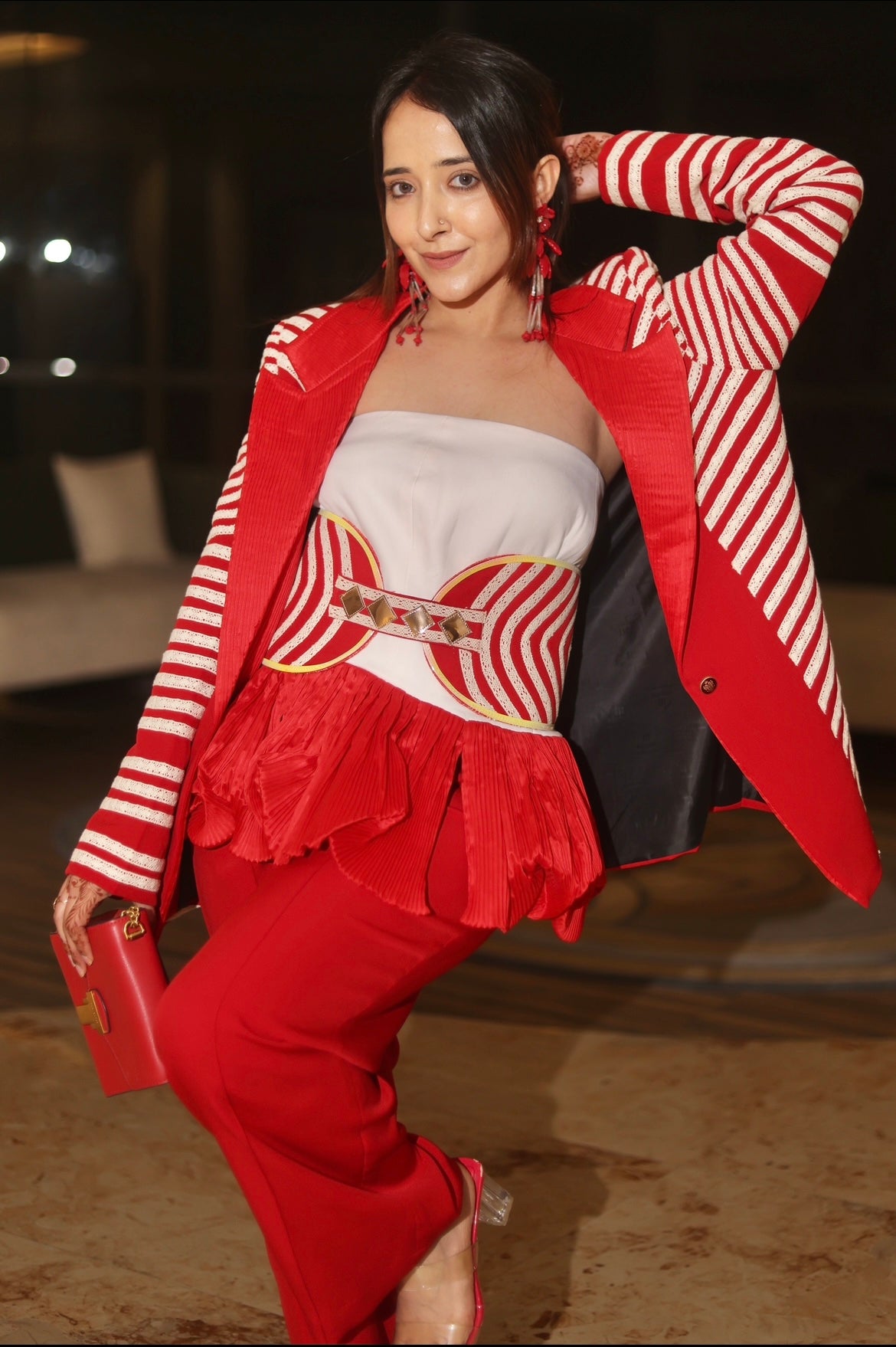Illusion corset belt in red & ivory