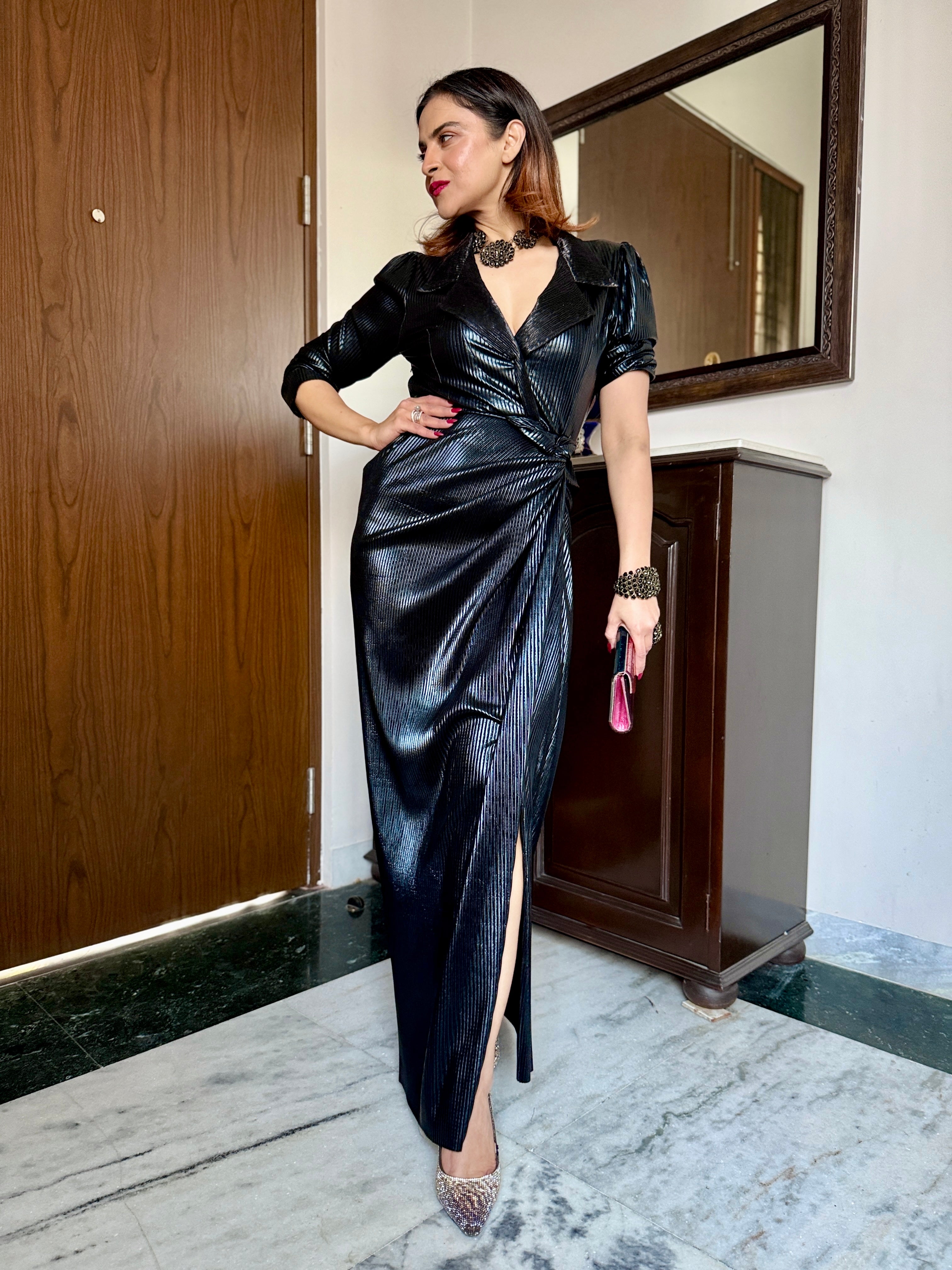 Black leather long drape dress